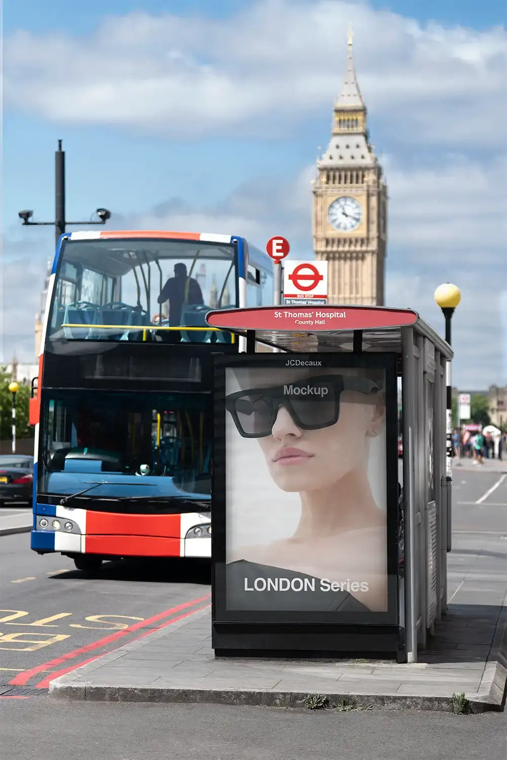 Poster mockup in London against the backdrop of Big Ben and Parliament