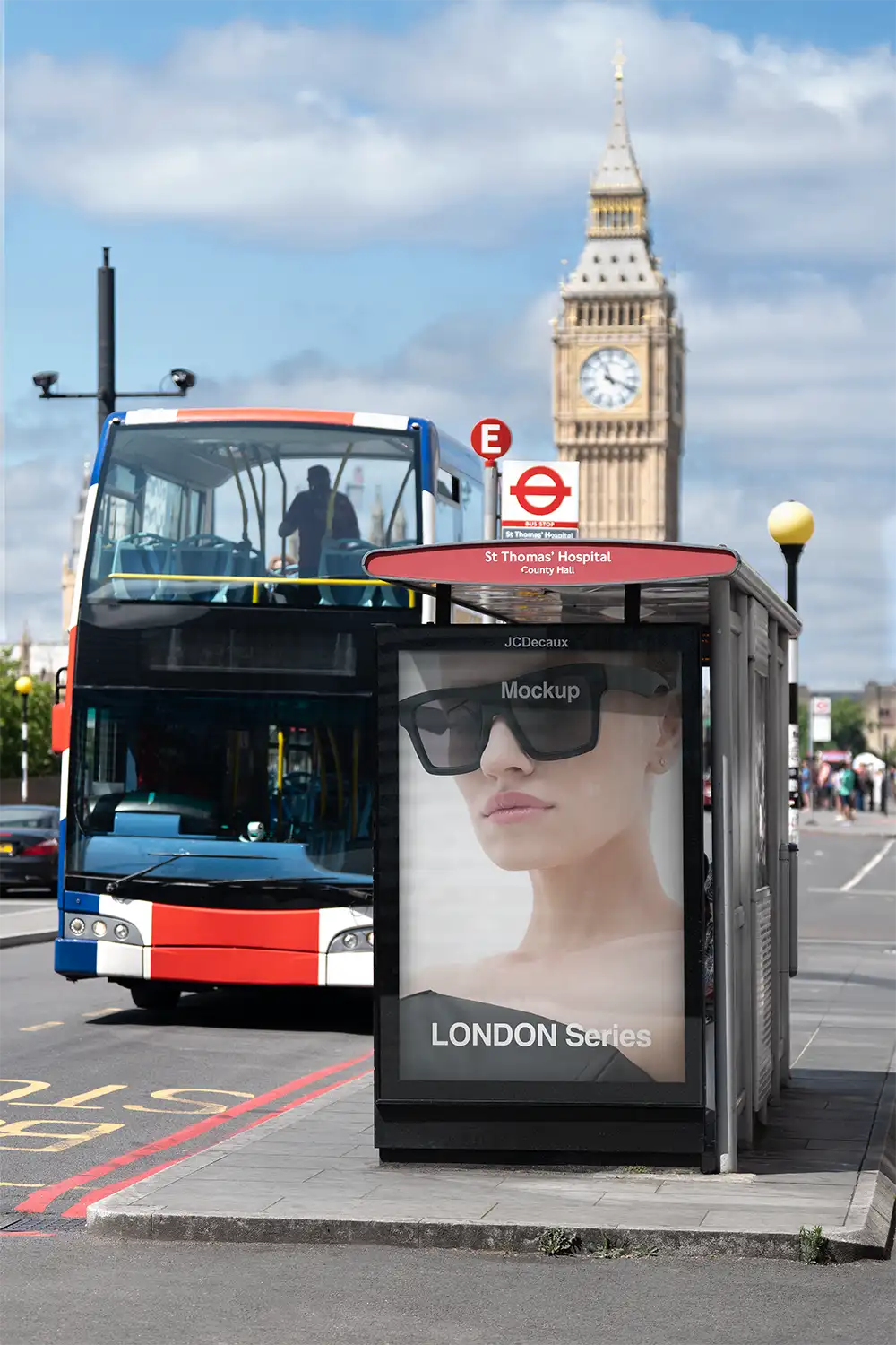 Poster mockup in London against the backdrop of Big Ben and Parliament