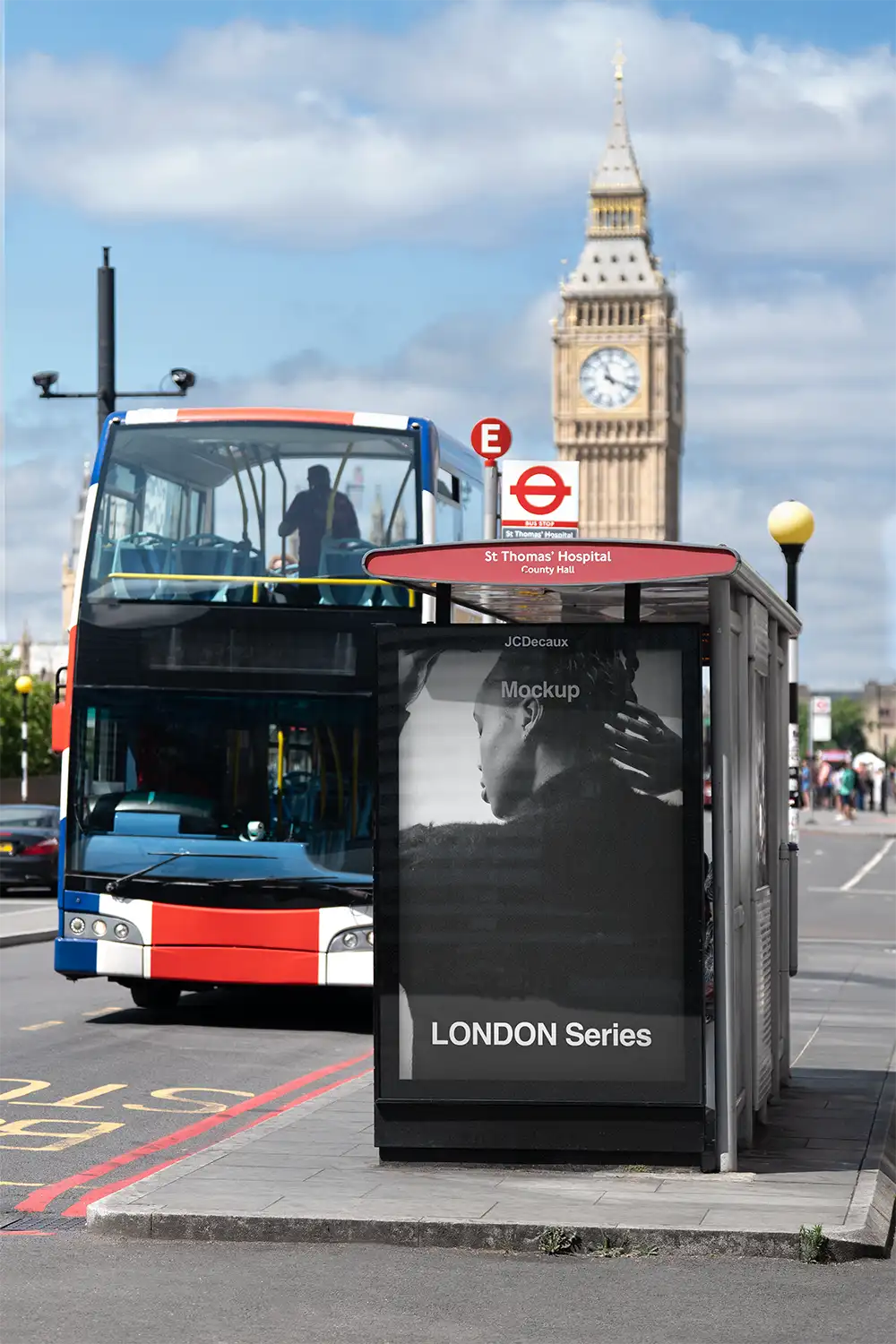 Poster mockup in London against the backdrop of Big Ben and Parliament