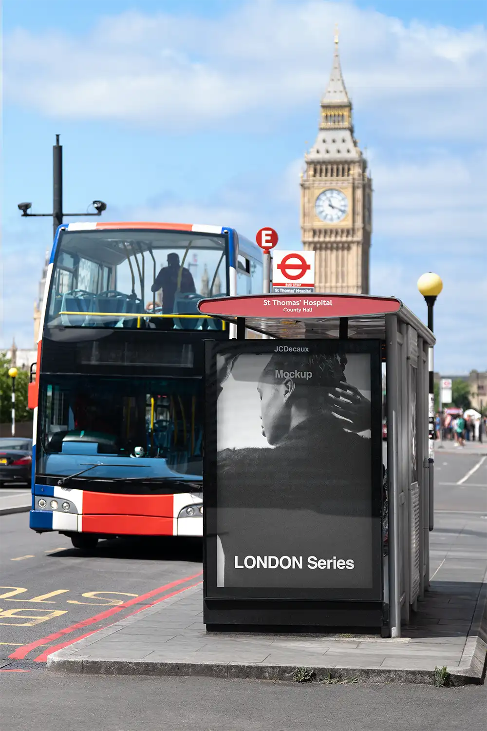 Poster mockup in London against the backdrop of Big Ben and Parliament