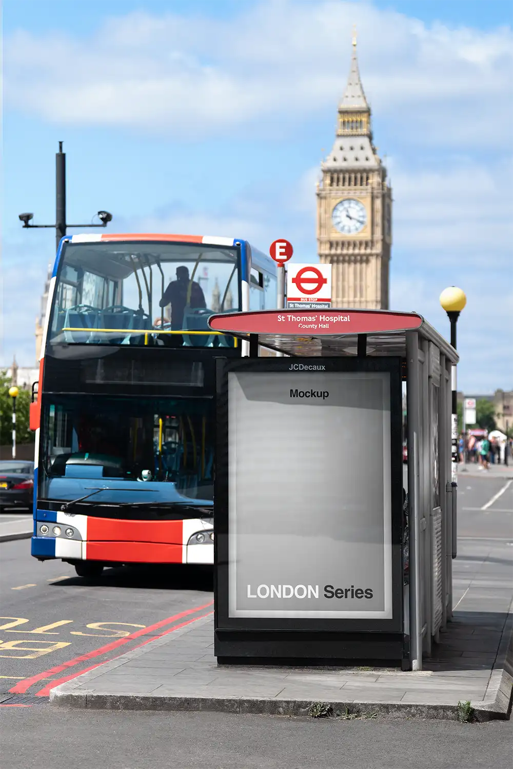 Poster mockup in London against the backdrop of Big Ben and Parliament