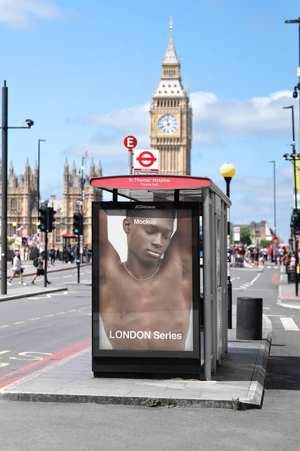 Poster mockup on a bus shelter in London against the backdrop of Big Ben and Parliament. © 2026 BRANDACLE MOCKUPS.