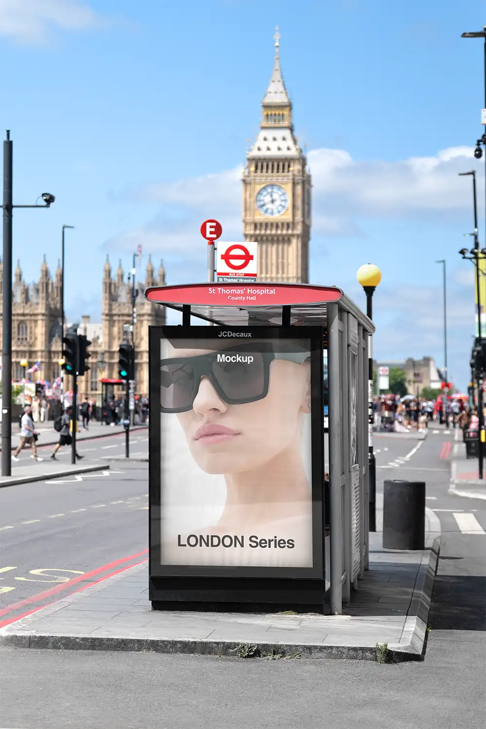 Poster mockup on a bus shelter in London against the backdrop of Big Ben and Parliament. © 2026 BRANDACLE MOCKUPS.