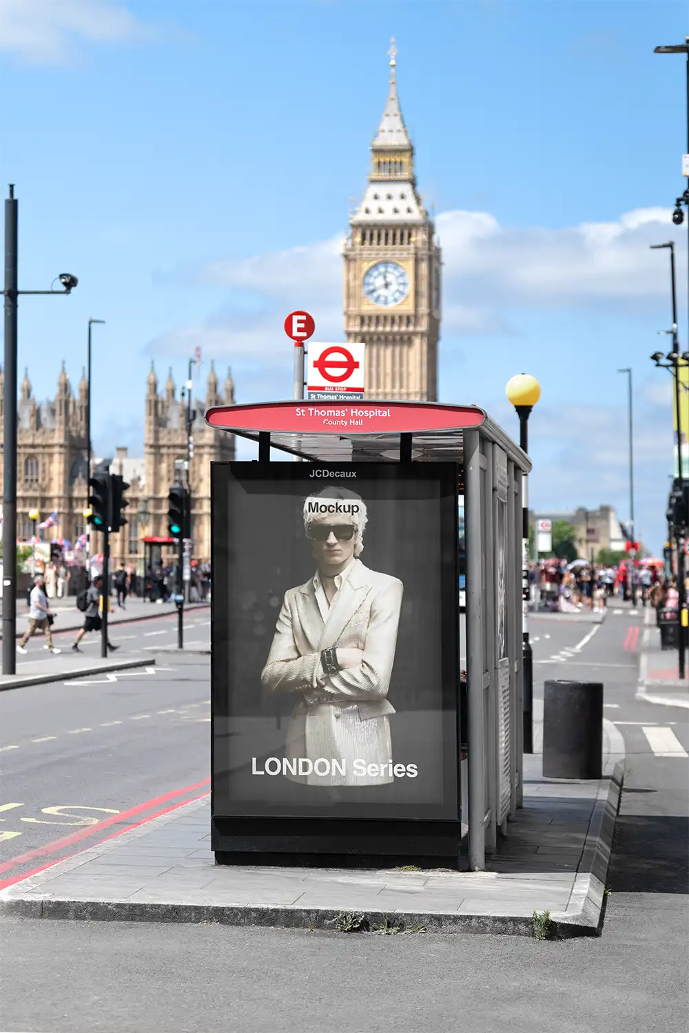 Poster mockup on a bus shelter in London against the backdrop of Big Ben and Parliament. © 2026 BRANDACLE MOCKUPS.