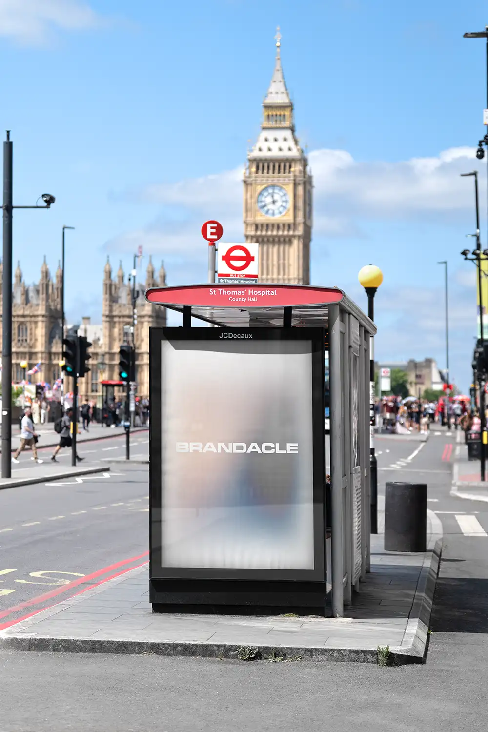 Poster mockup on a bus shelter in London against the backdrop of Big Ben and Parliament. © 2026 BRANDACLE MOCKUPS.