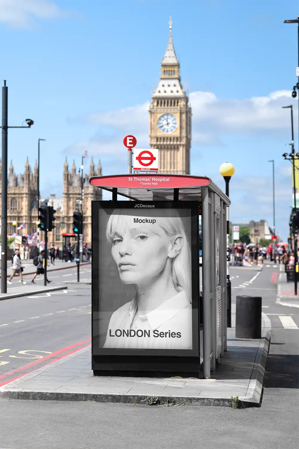 Poster mockup on a bus shelter in London against the backdrop of Big Ben and Parliament. © 2026 BRANDACLE MOCKUPS.