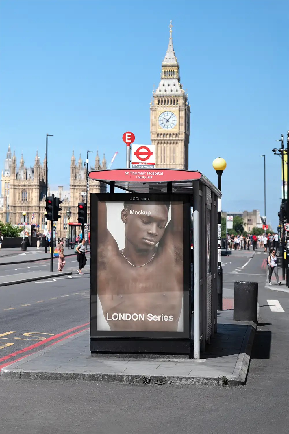 Poster mockup in London against the backdrop of Westminster, Parliament and Big Ben
