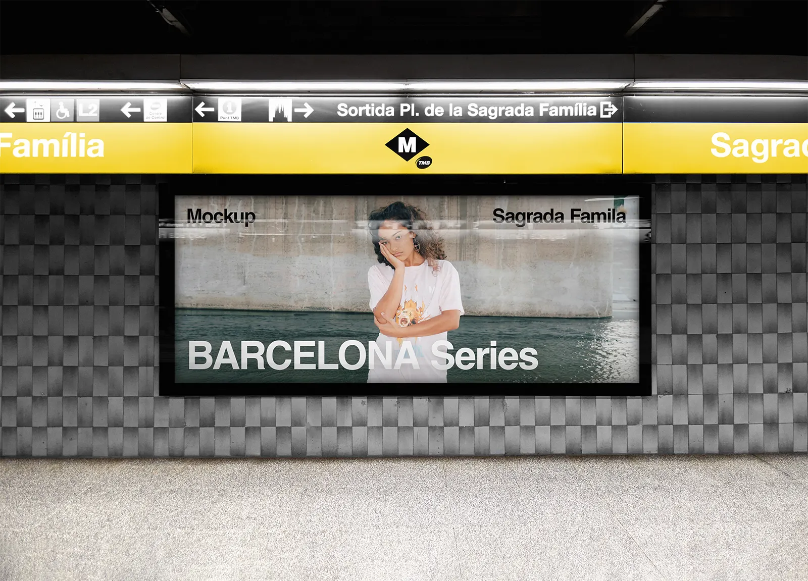 Billboard mockup in Barcelona subway, underground, Spain. Sagrada Familia. 