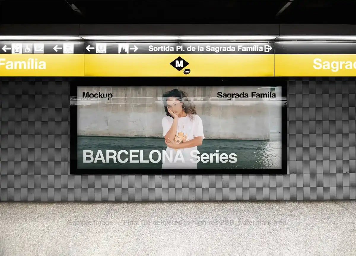 Billboard mockup in Barcelona subway, underground, Spain. Sagrada Familia. 