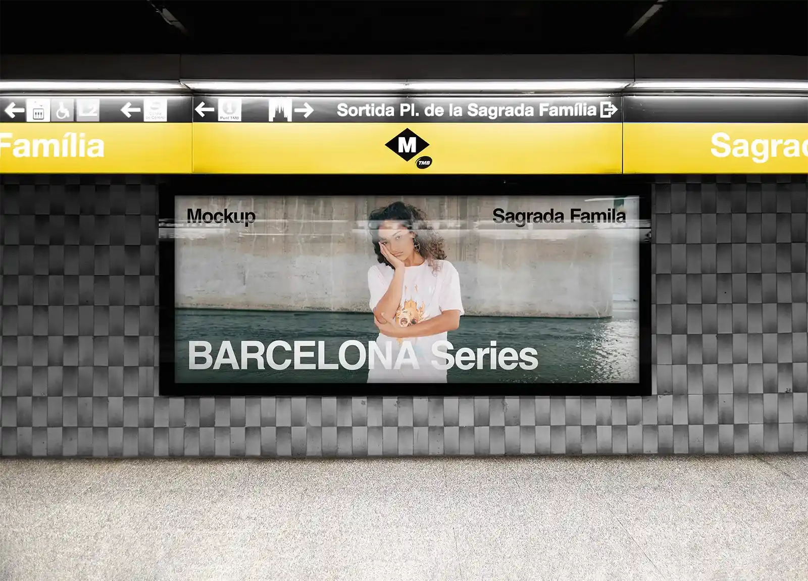 Billboard mockup in Barcelona subway, underground, Spain. Sagrada Familia. 