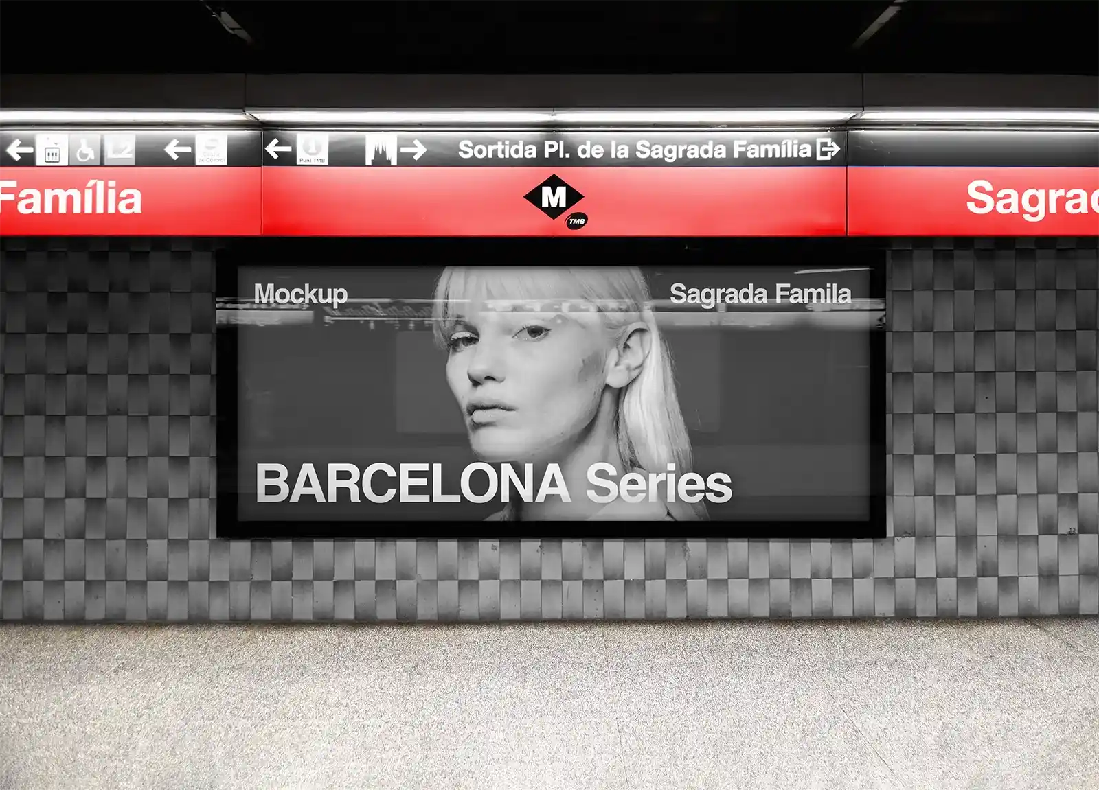 Billboard mockup in Barcelona subway, underground, Spain. Sagrada Familia. 