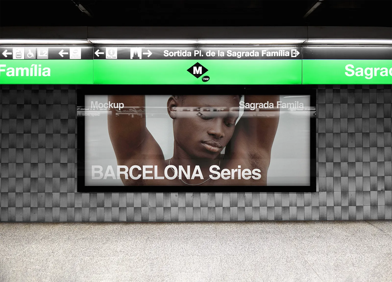 Billboard mockup in Barcelona subway, underground, Spain. Sagrada Familia. 