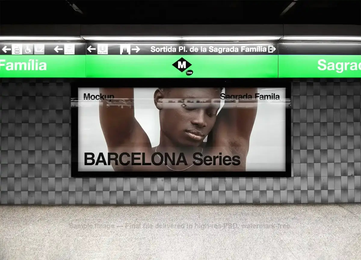Billboard mockup in Barcelona subway, underground, Spain. Sagrada Familia. 
