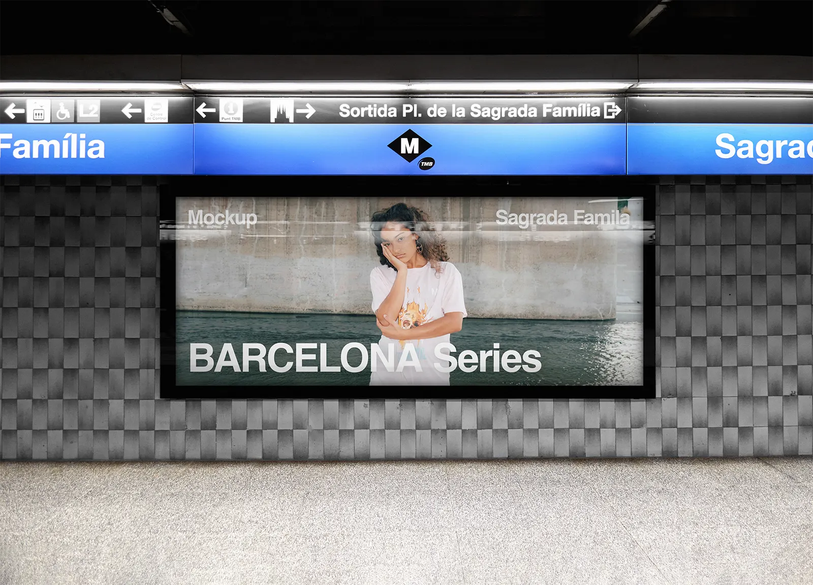 Billboard mockup in Barcelona subway, underground, Spain. Sagrada Familia. 