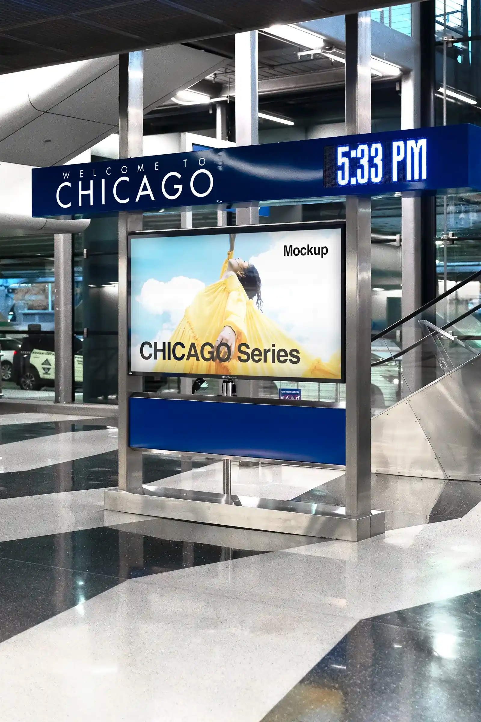 Billboard mockup at Chicago O'hare Airport, Chicago, United States.