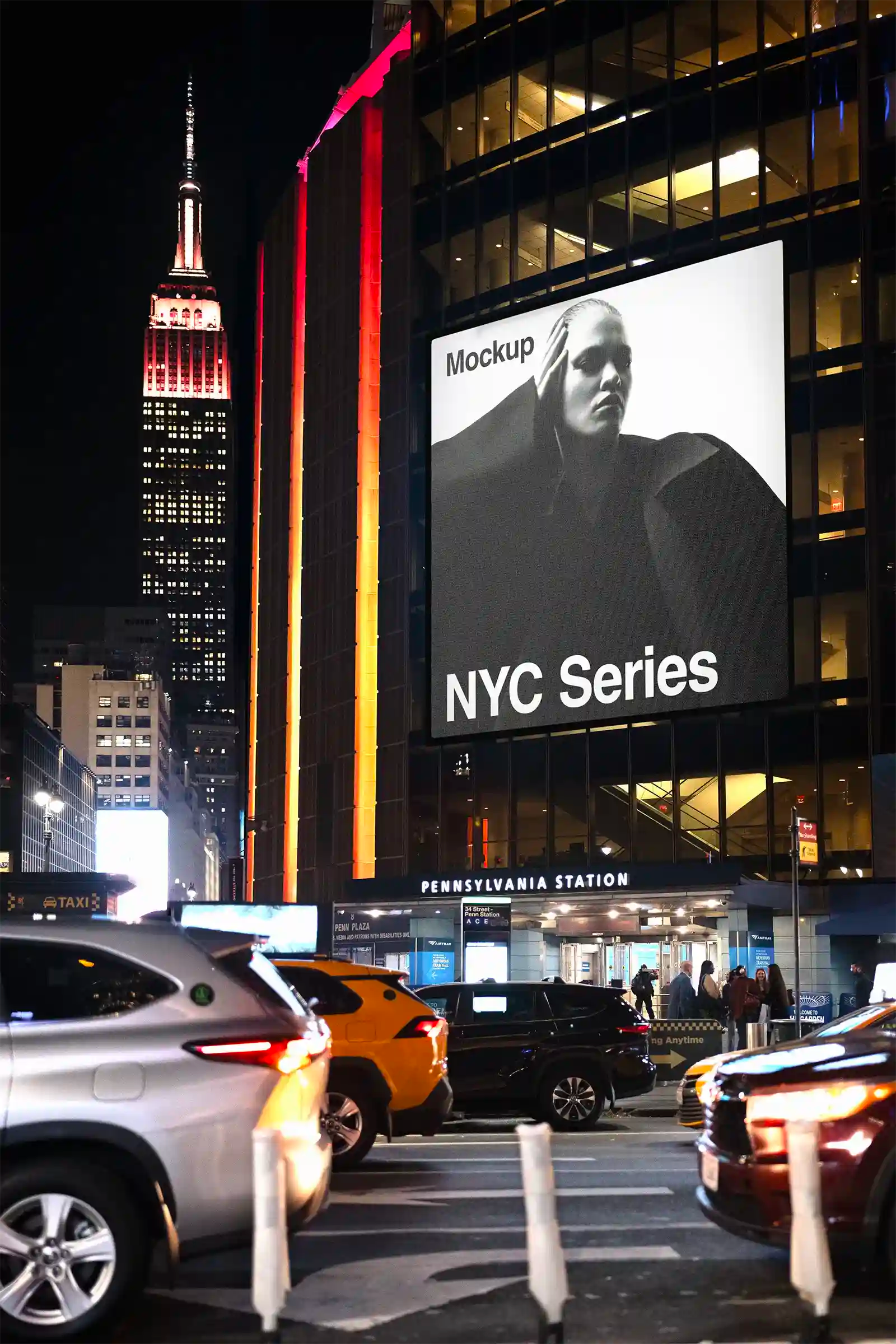 Giant Billboard mockup in New York, United States, Empire State Building. Poster, Banner. PSD Mockup Photoshop Mockup design 2