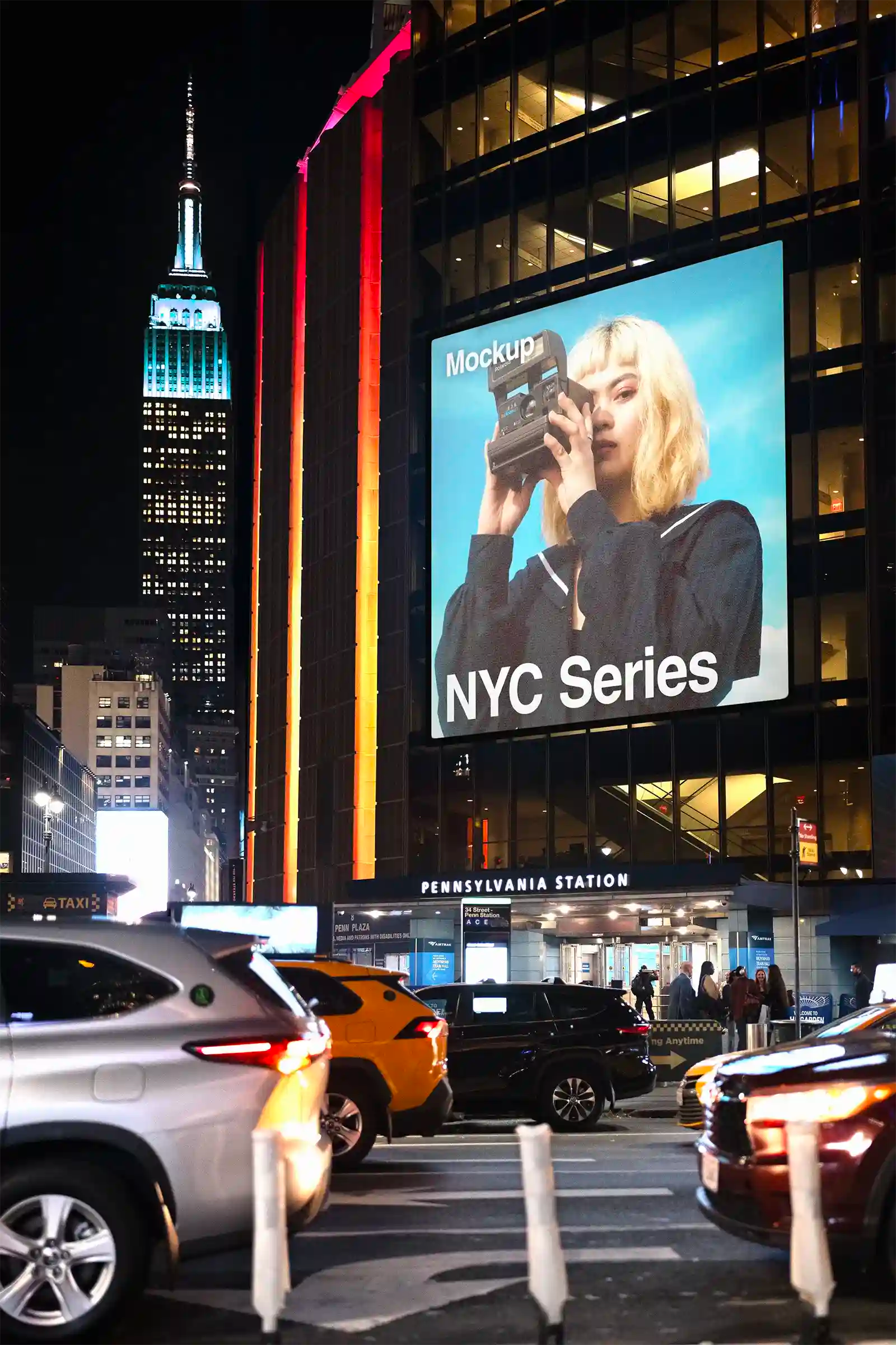 Giant Billboard mockup in New York, United States, Empire State Building. Poster, Banner. PSD Mockup Photoshop Mockup design 3