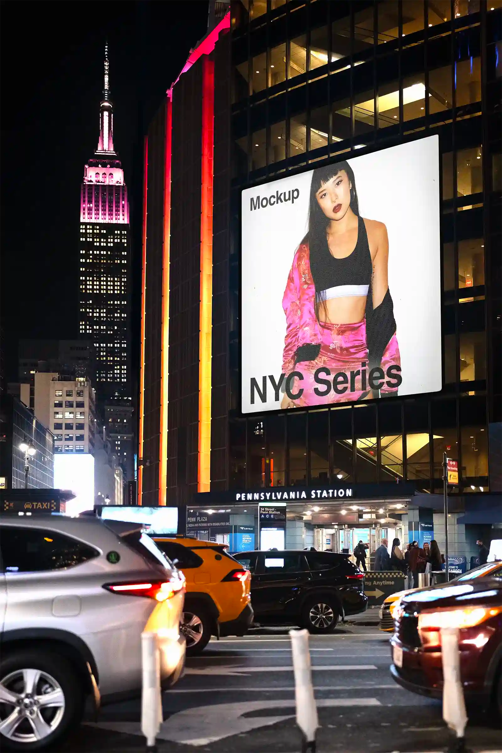 Giant Billboard mockup in New York, United States, Empire State Building. Poster, Banner. PSD Mockup Photoshop Mockup design 4