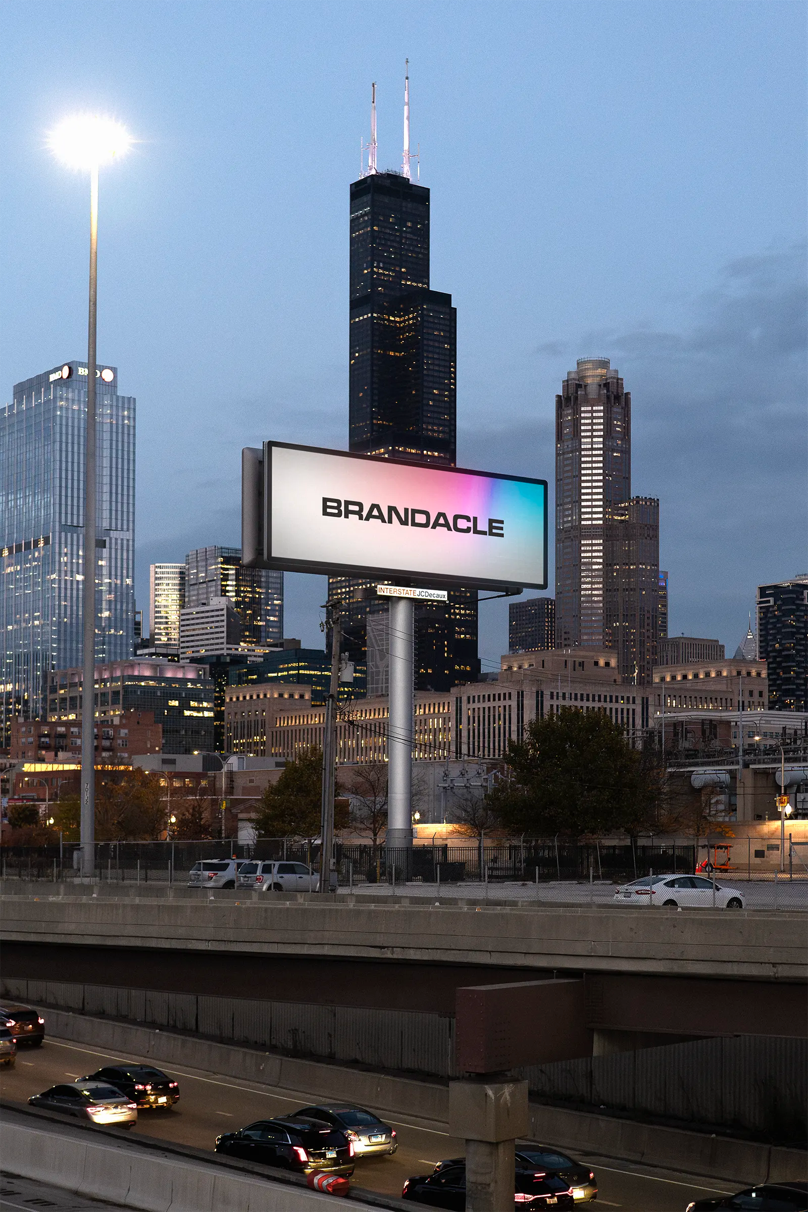 Billboard mockup by the highway in Chicago, United States, in fornt of the Sears Tower at dusk . Poster, Banner. PSD Mockup Photoshop Mockup 3