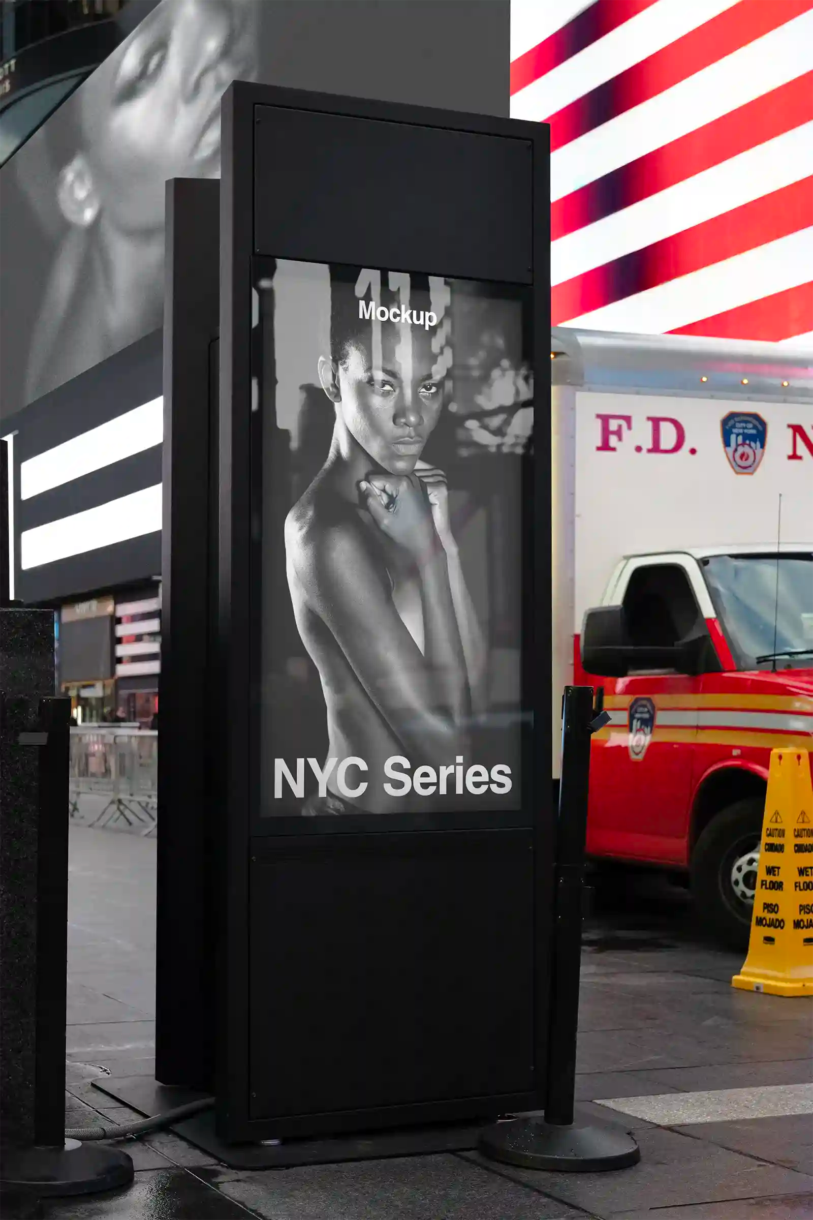 Billboard mockup on Times square subway in New York, United States. Poster, Banner, two screens. PSD Mockup Photoshop Mockup design 2