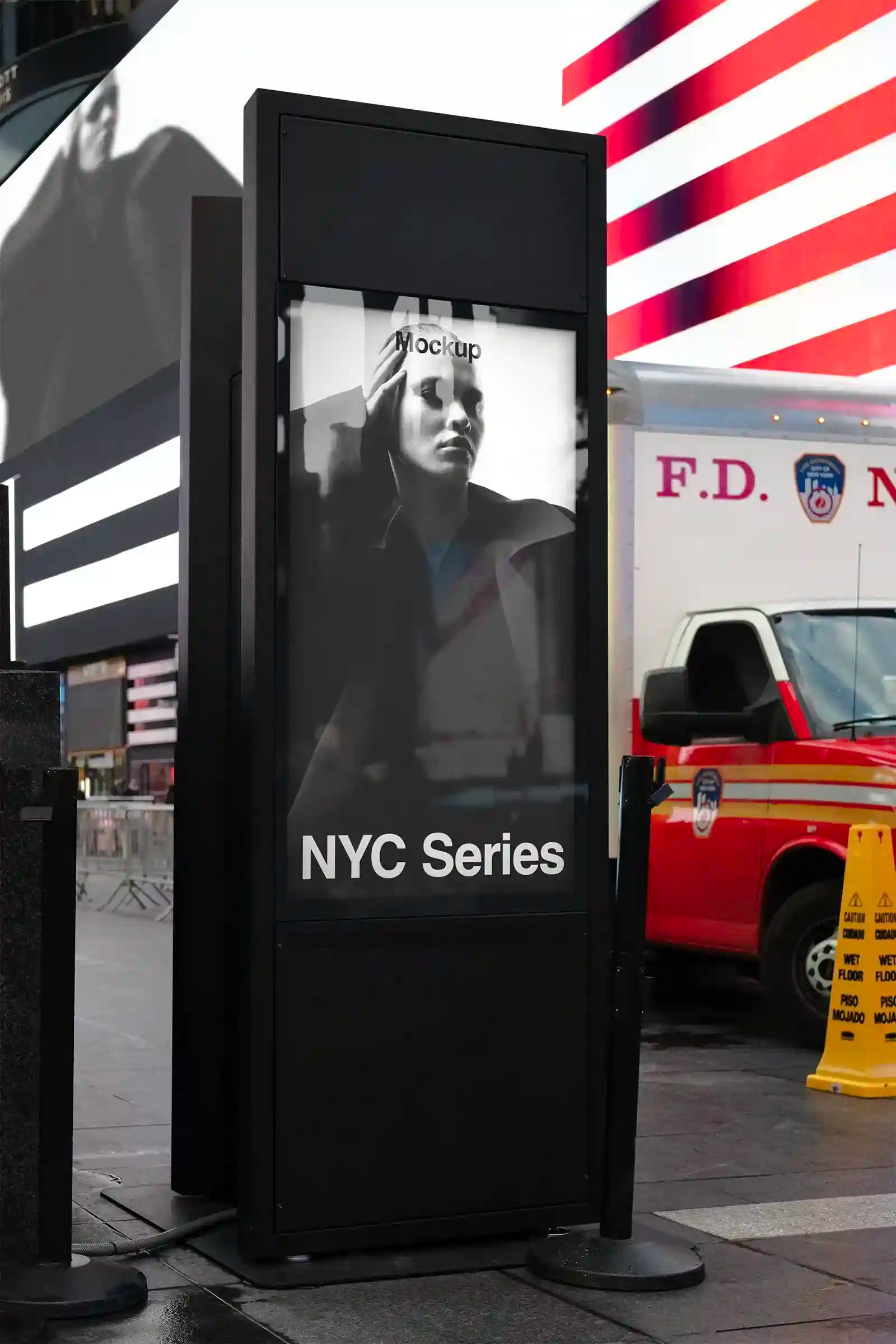 Billboard mockup on Times square subway in New York, United States. Poster, Banner, two screens. PSD Mockup Photoshop Mockup design 3