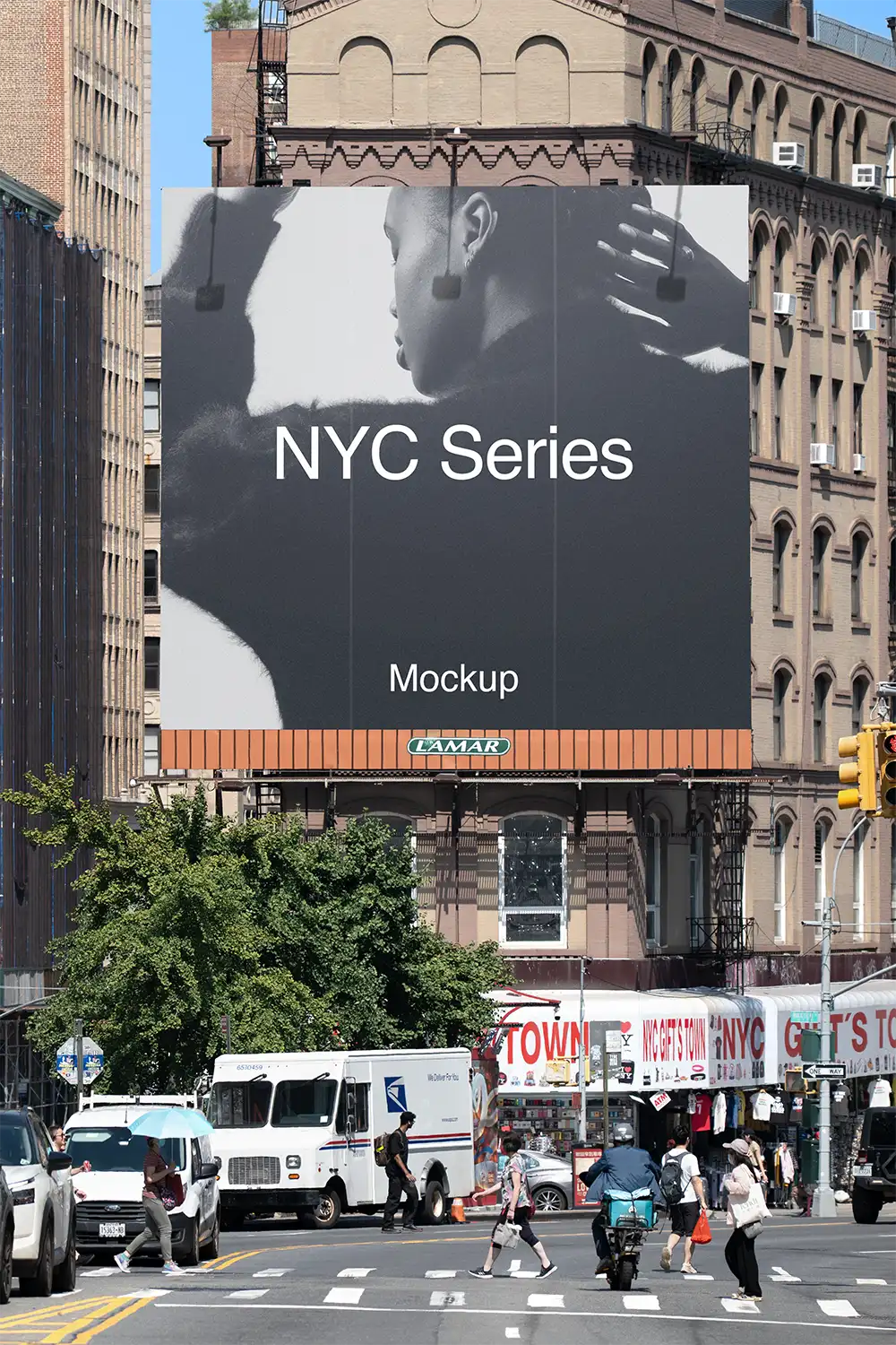 Banner billboard mockup in New York, next to the Brooklyn Bridge