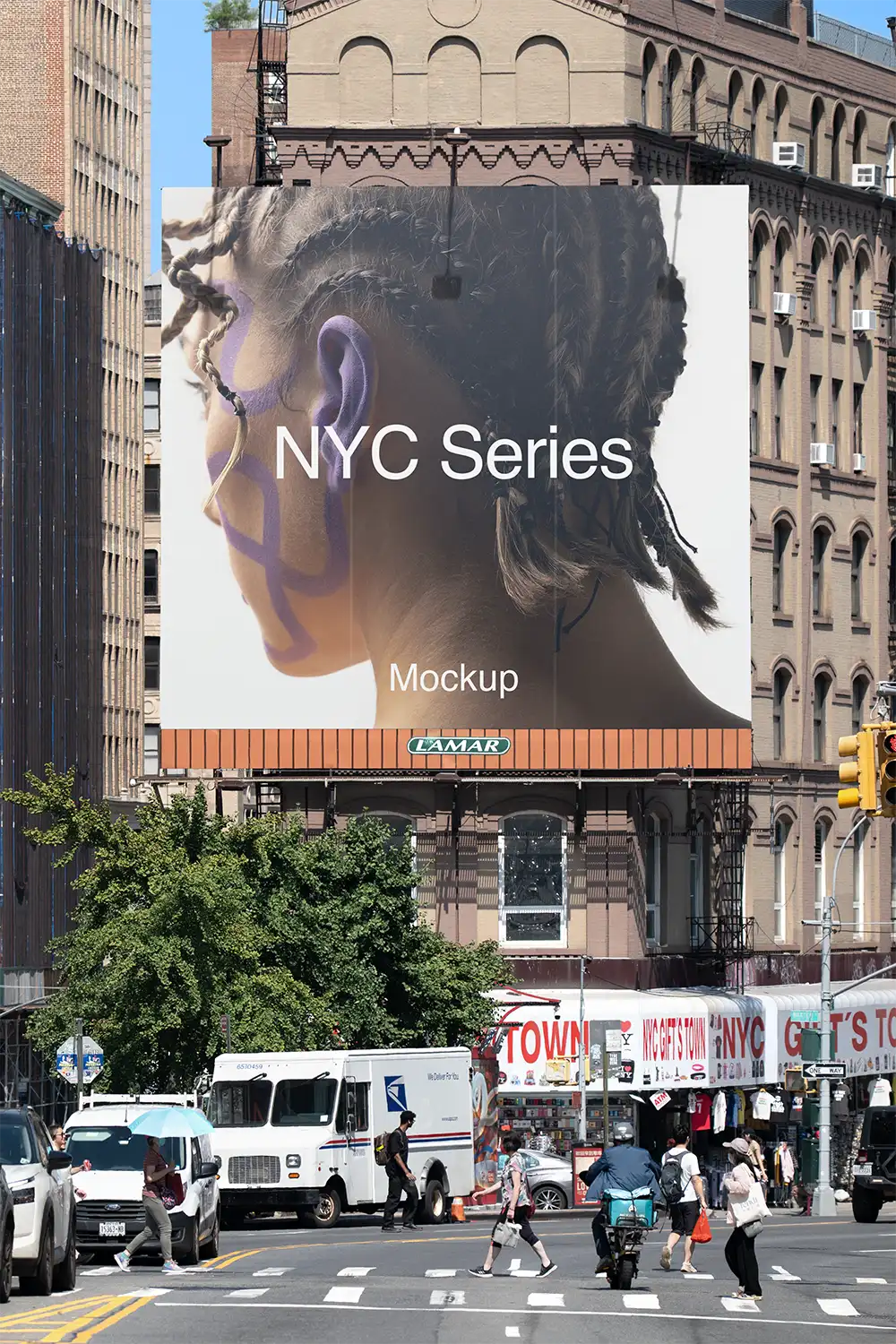 Banner billboard mockup in New York, next to the Brooklyn Bridge