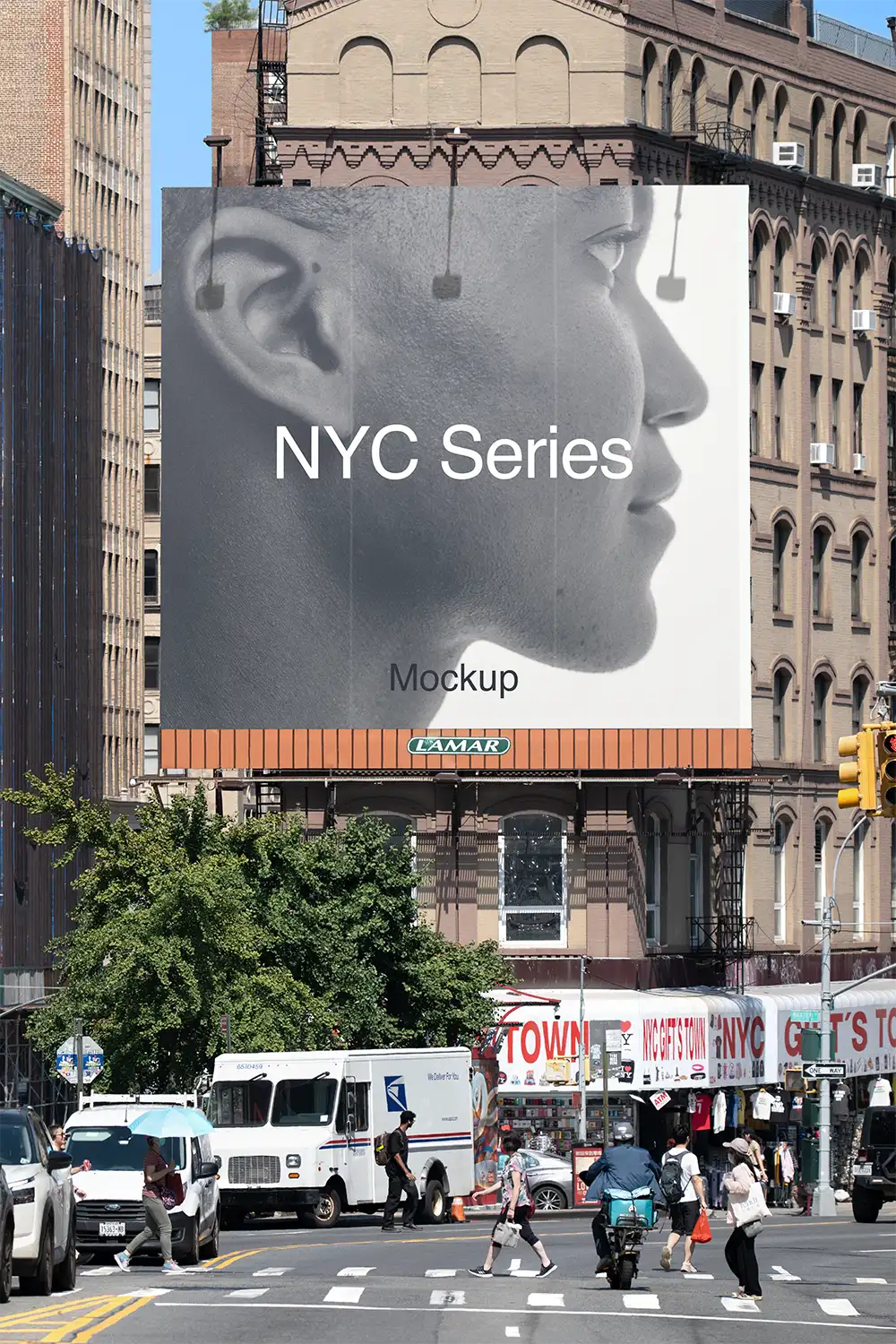 Banner billboard mockup in New York, next to the Brooklyn Bridge