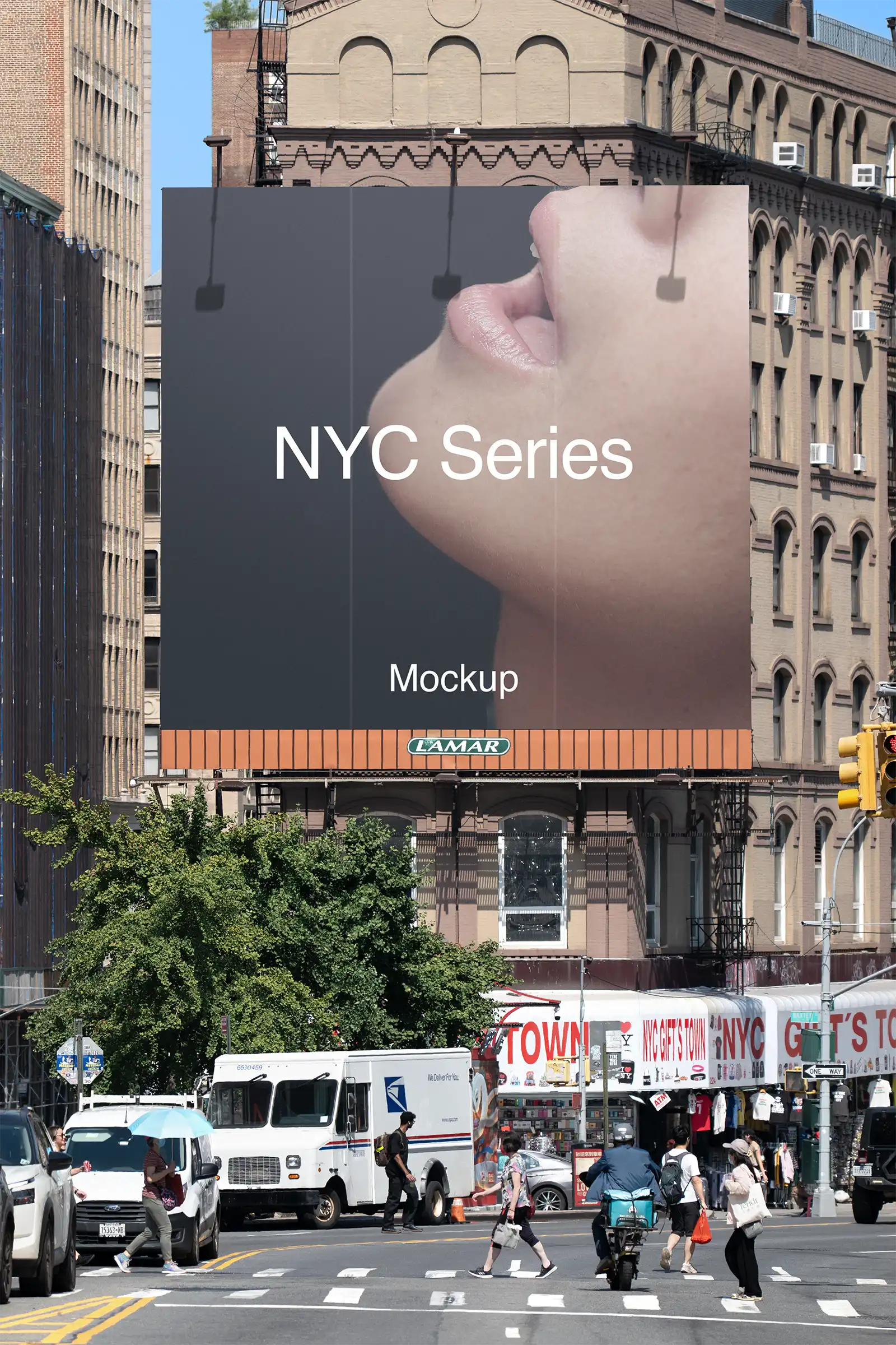 Banner billboard mockup in New York, next to the Brooklyn Bridge