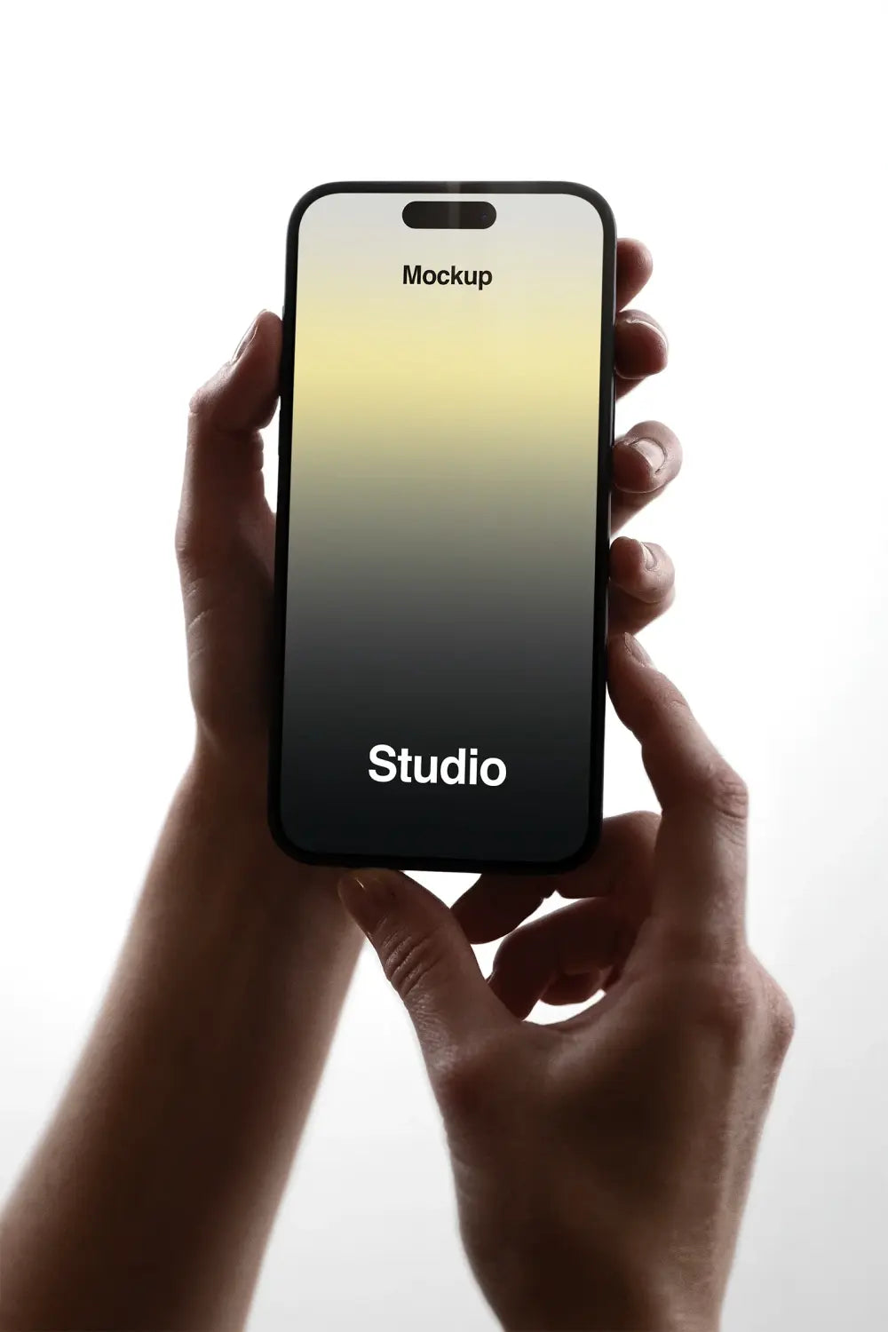 Handheld iPhone Mockup in a photo studio in Brooklyn,  New York