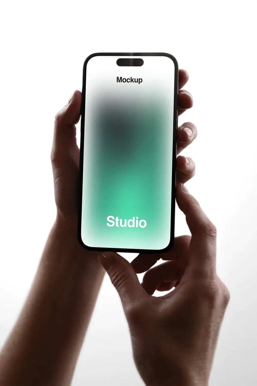 Handheld iPhone Mockup in a photo studio in Brooklyn,  New York