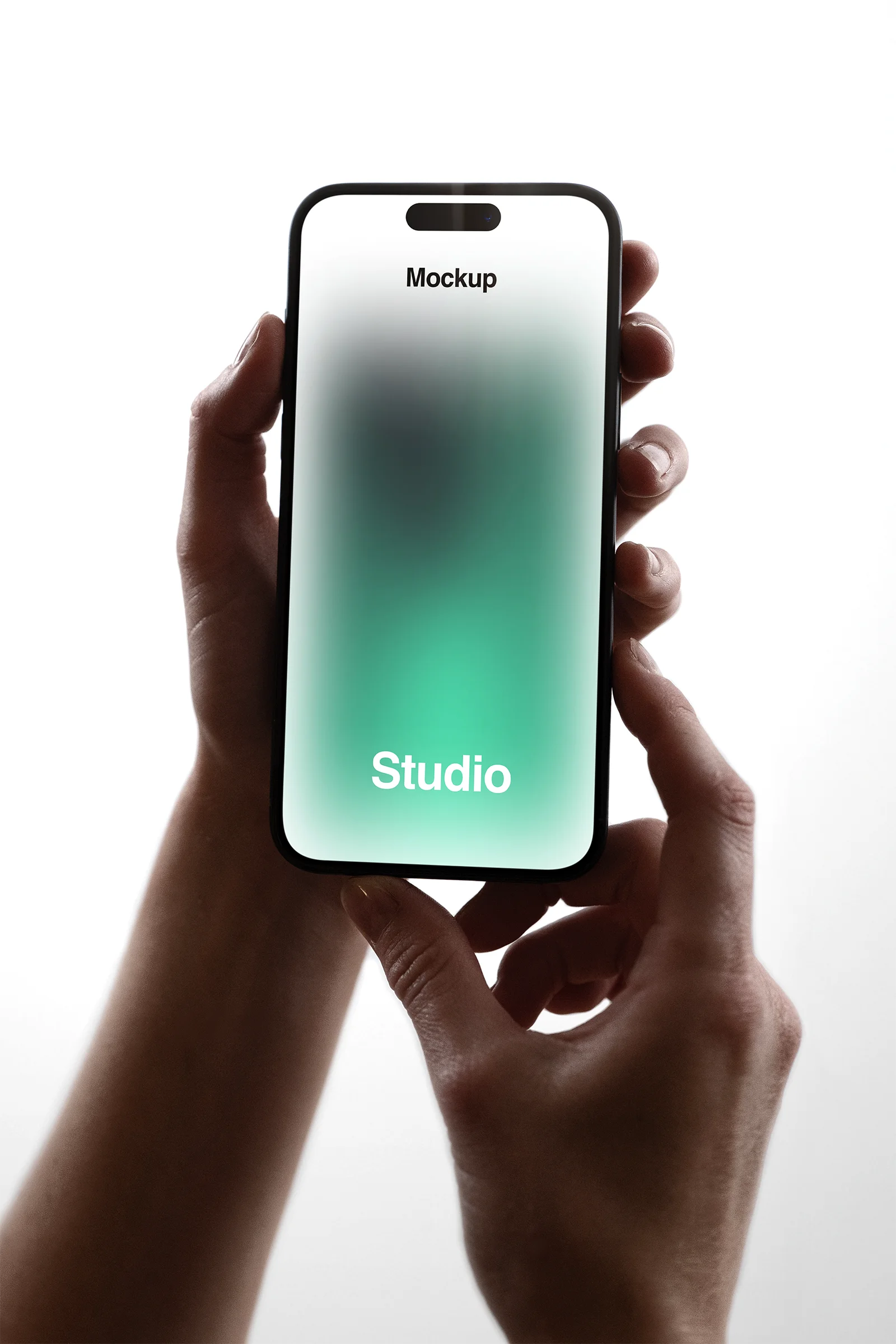 Handheld iPhone Mockup in a photo studio in Brooklyn,  New York