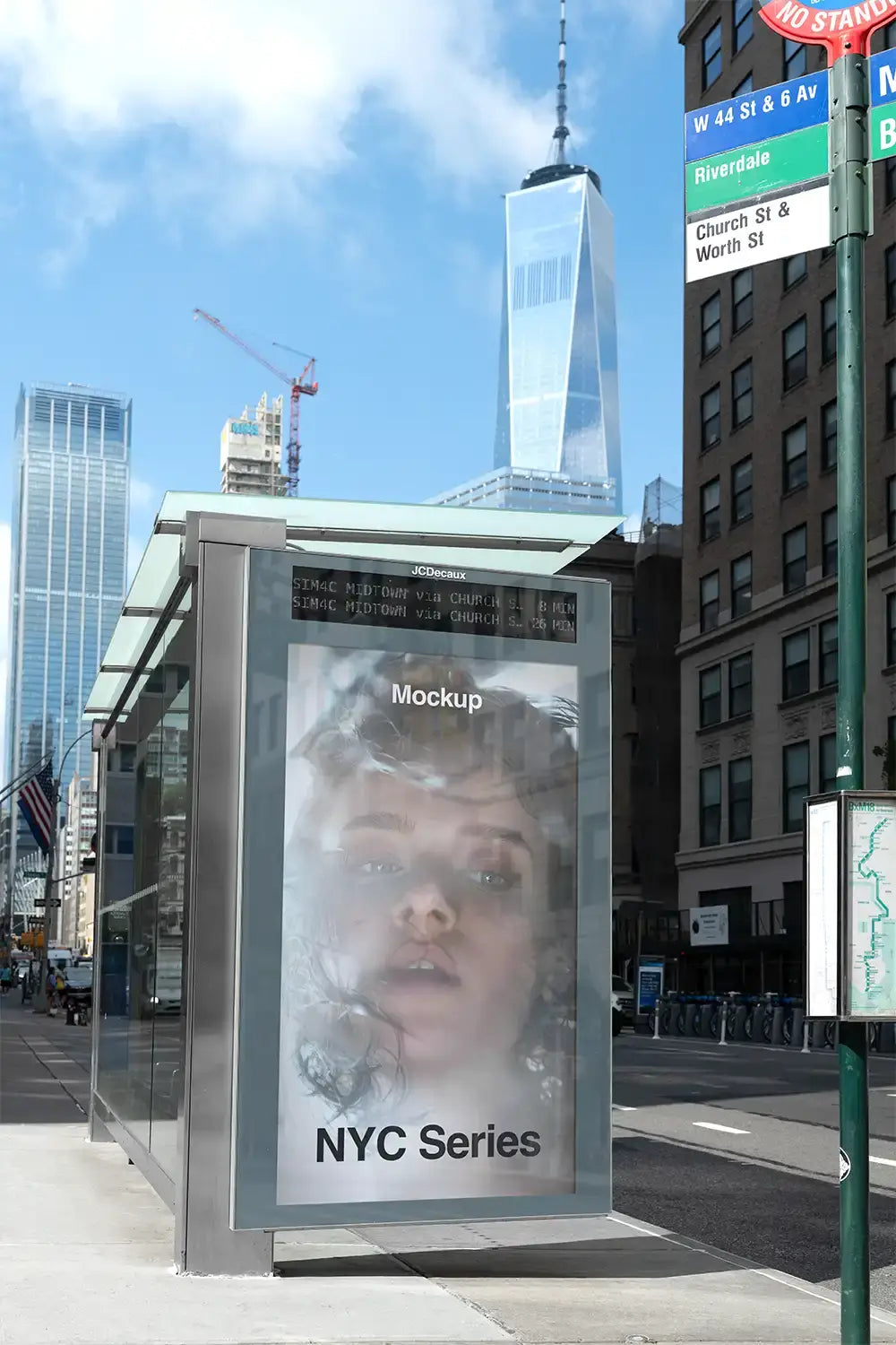 Poster mockup on a bus shelter in Manhattan, New York. © BRANDACLE MOCKUPS 2026