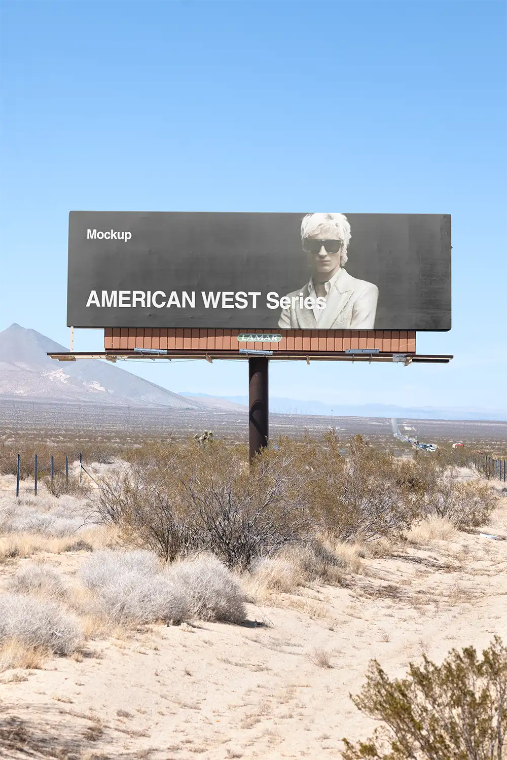 Billboard mockup in California desert. © 2026 BRANDACLE MOCKUPS. 