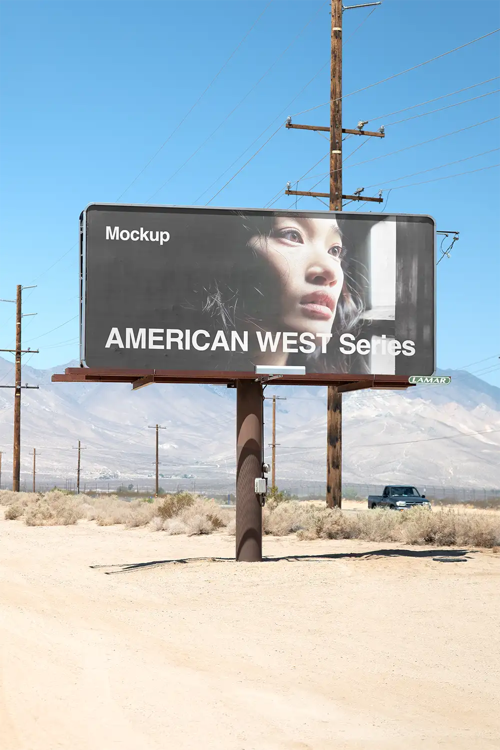 Billboard mockup in the Mojave desert in California, American west © BRANDACLE MOCKUPS 2026. 