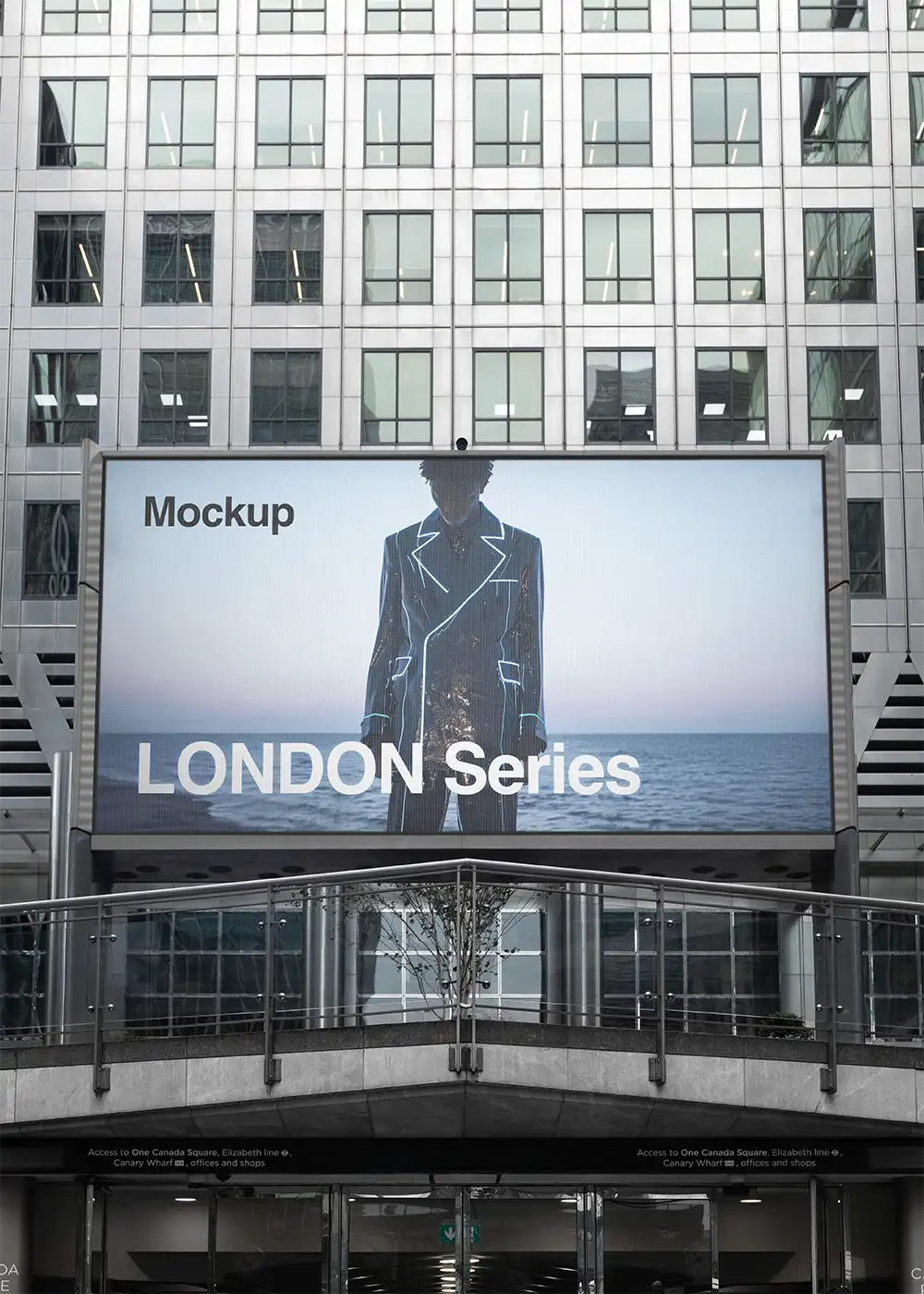 Billboard screen mockup in Canaray Wharf in London. © BRANDACLE MOCKUPS 2026. 