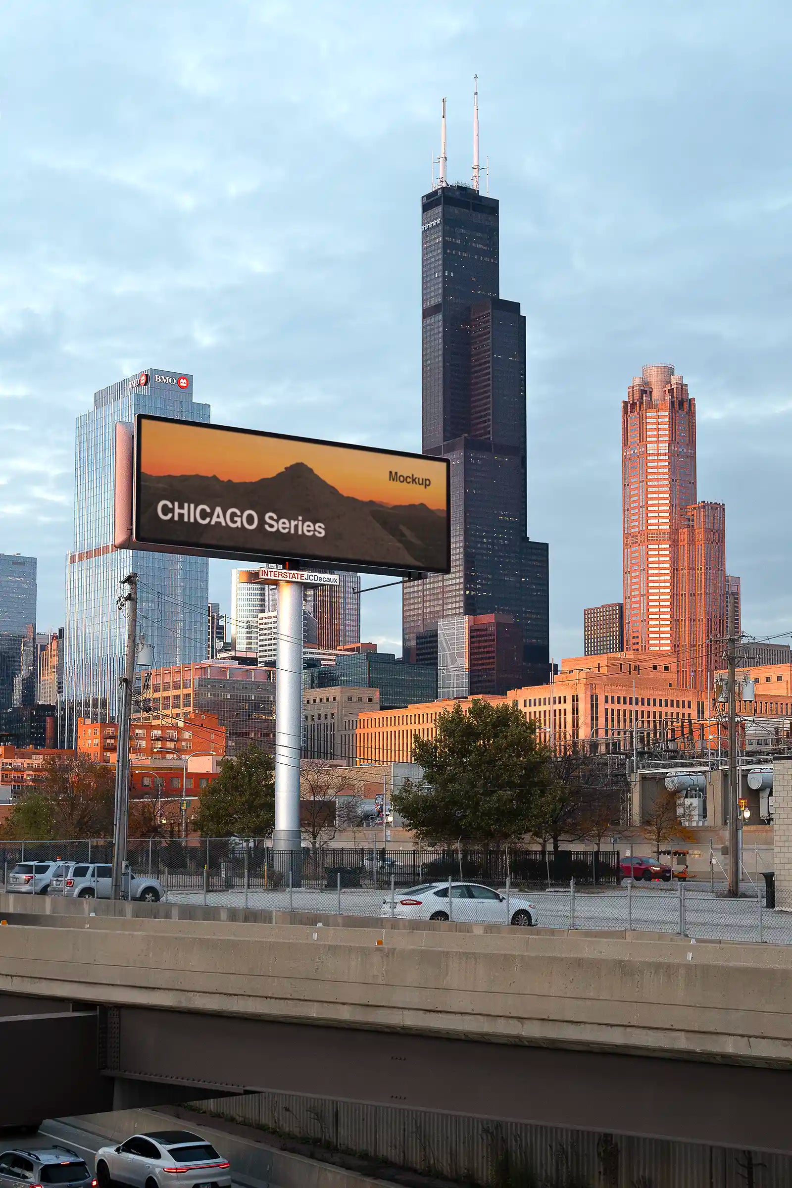 Billboard mockup by the highway in Chicago, United States, in front of the Sears Tower. Poster, Banner. PSD Mockup Photoshop 
