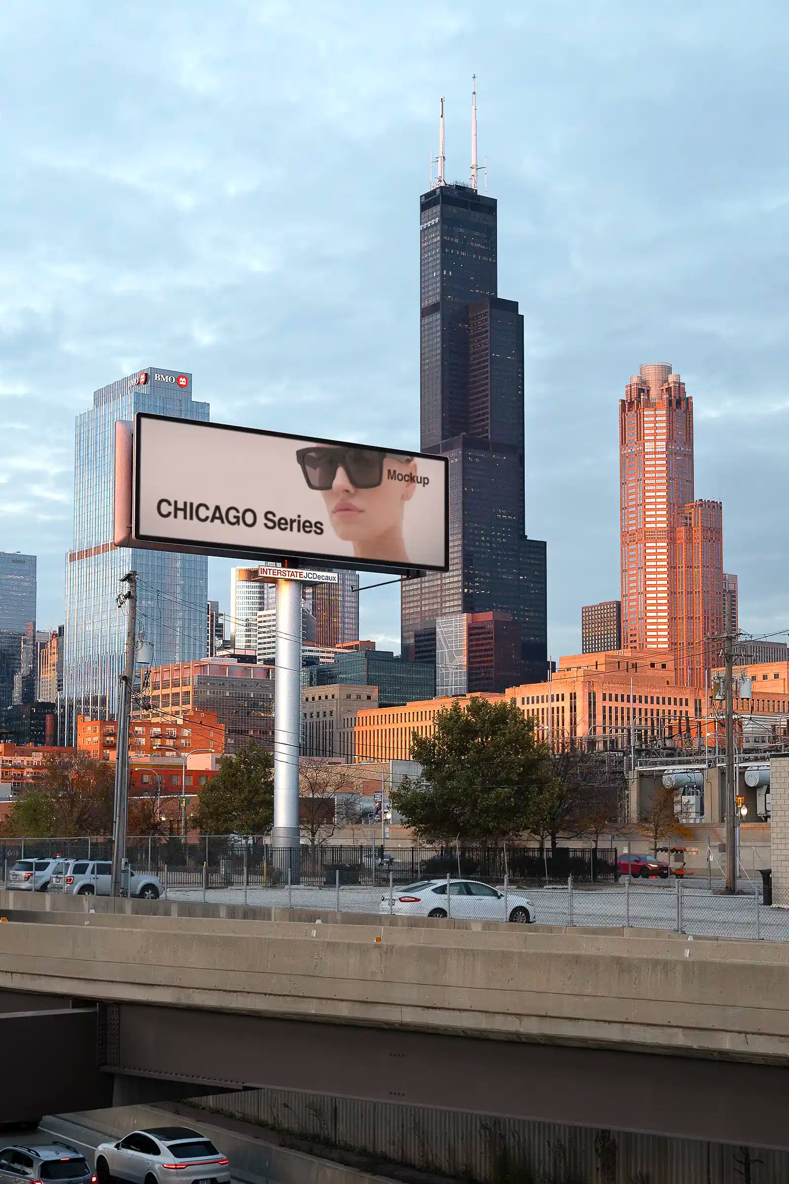 Billboard mockup by the highway in Chicago, United States, in front of the Sears Tower. Poster, Banner. PSD Mockup Photoshop 
