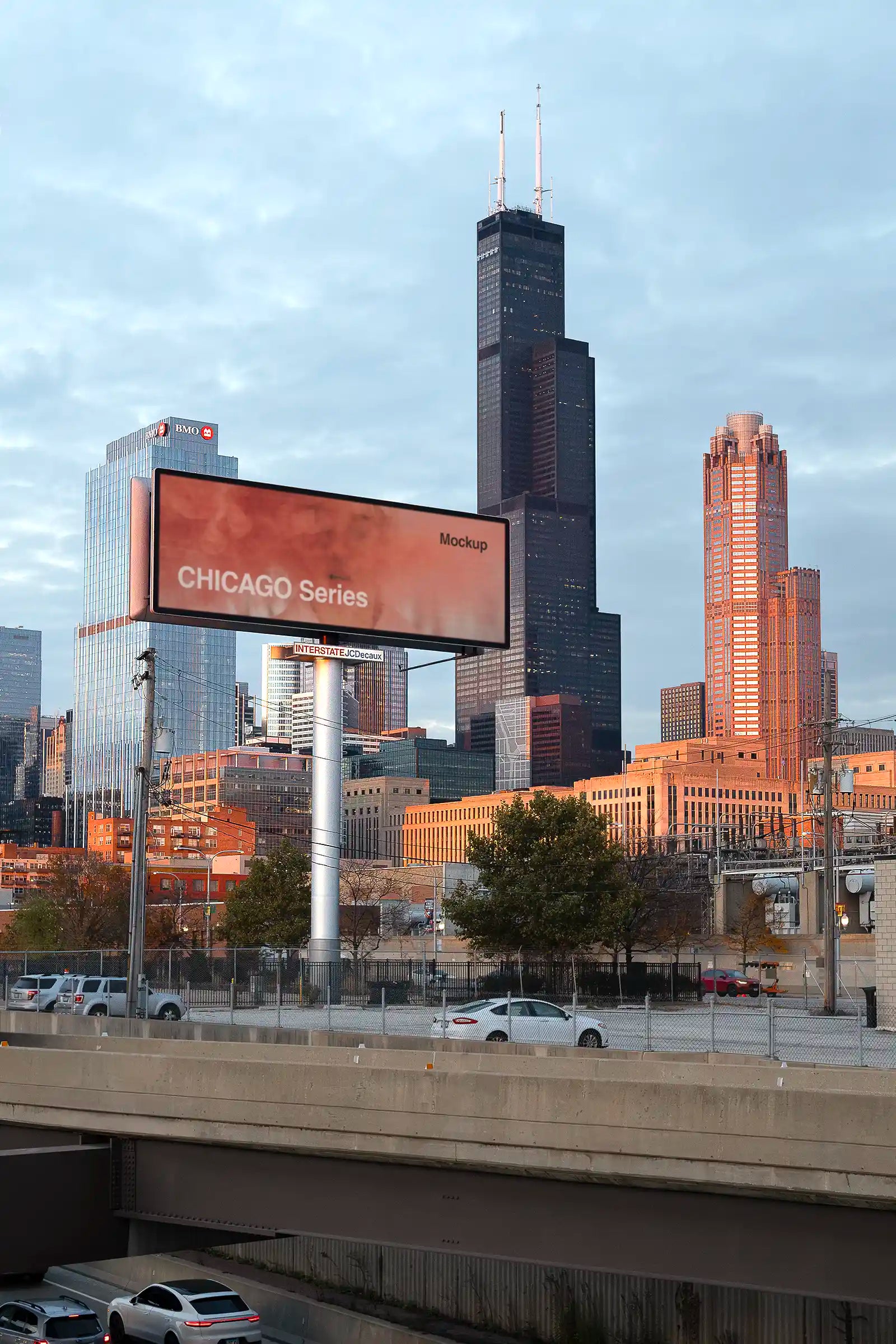 Billboard mockup by the highway in Chicago, United States, in front of the Sears Tower. Poster, Banner. PSD Mockup Photoshop 

