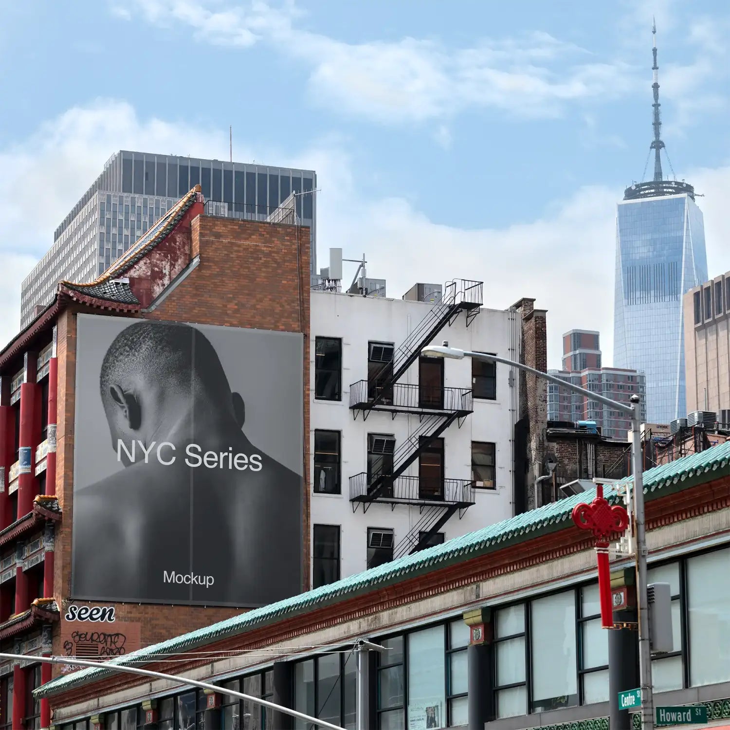 Banner mockup in Chinatown in New York with the One World Trade Center