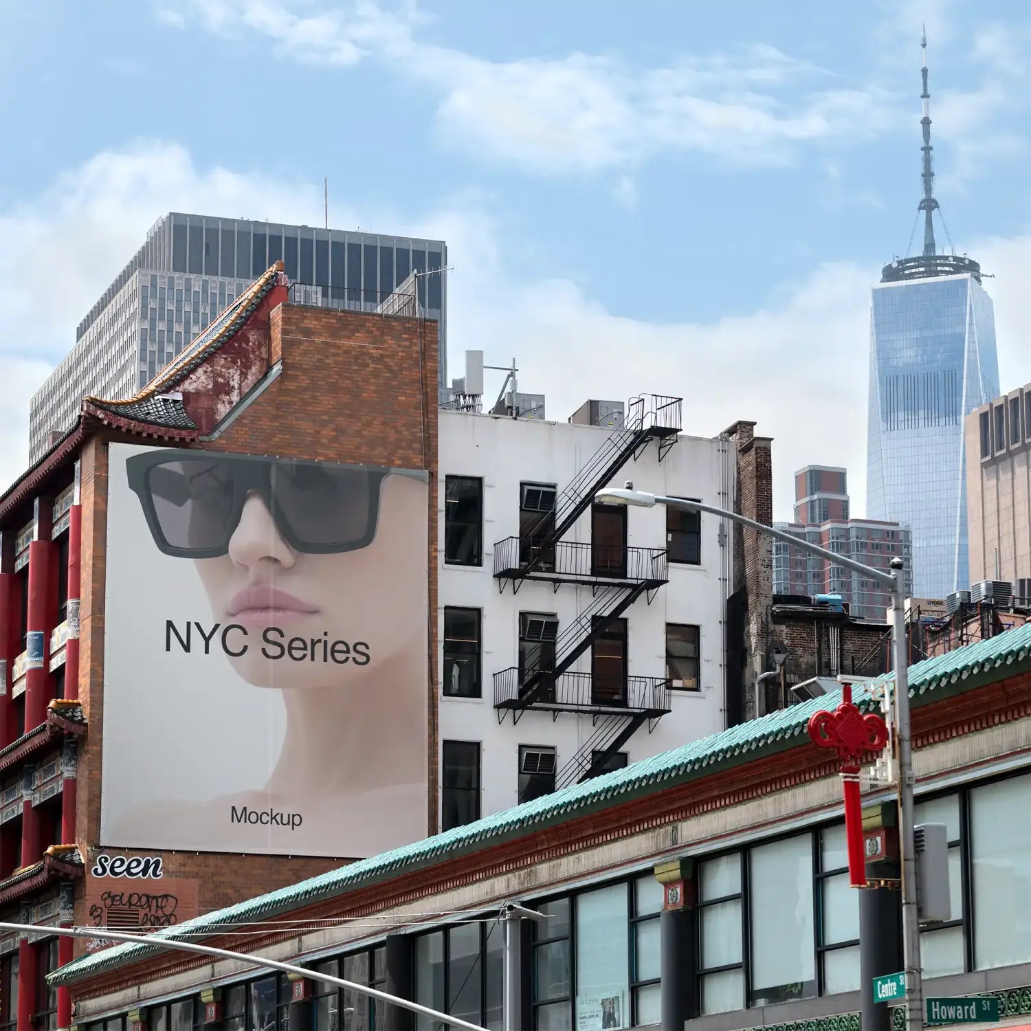 Banner mockup in Chinatown in New York with the One World Trade Center