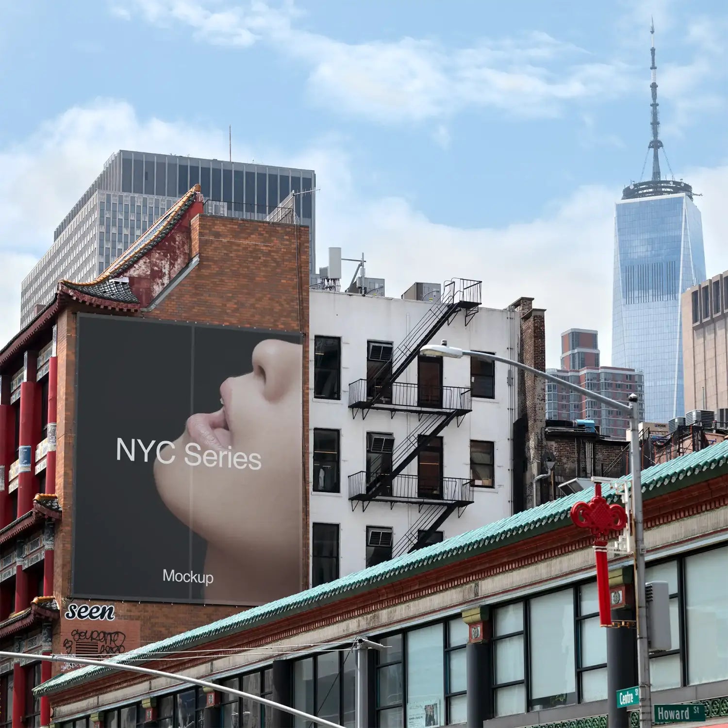 Banner mockup in Chinatown in New York with the One World Trade Center