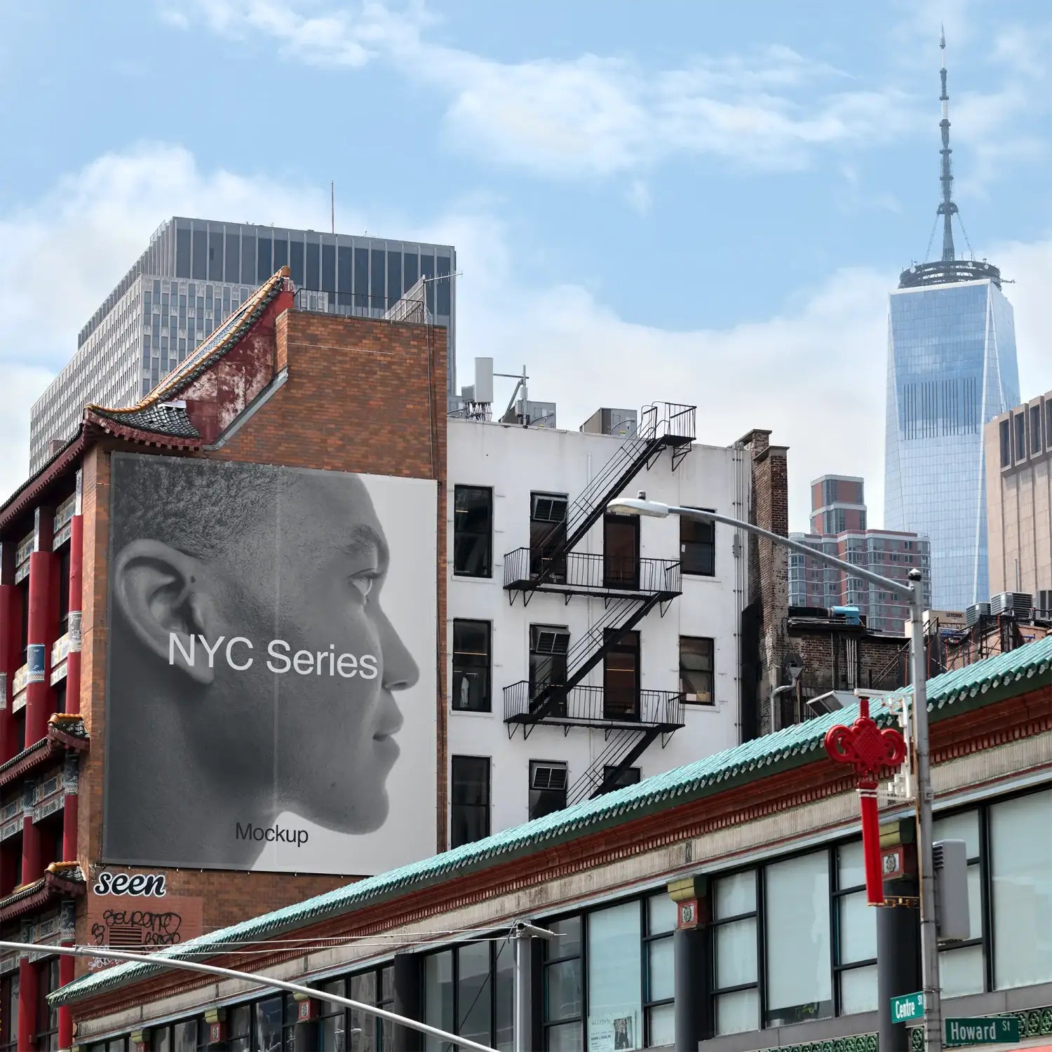 Banner mockup in Chinatown in New York with the One World Trade Center