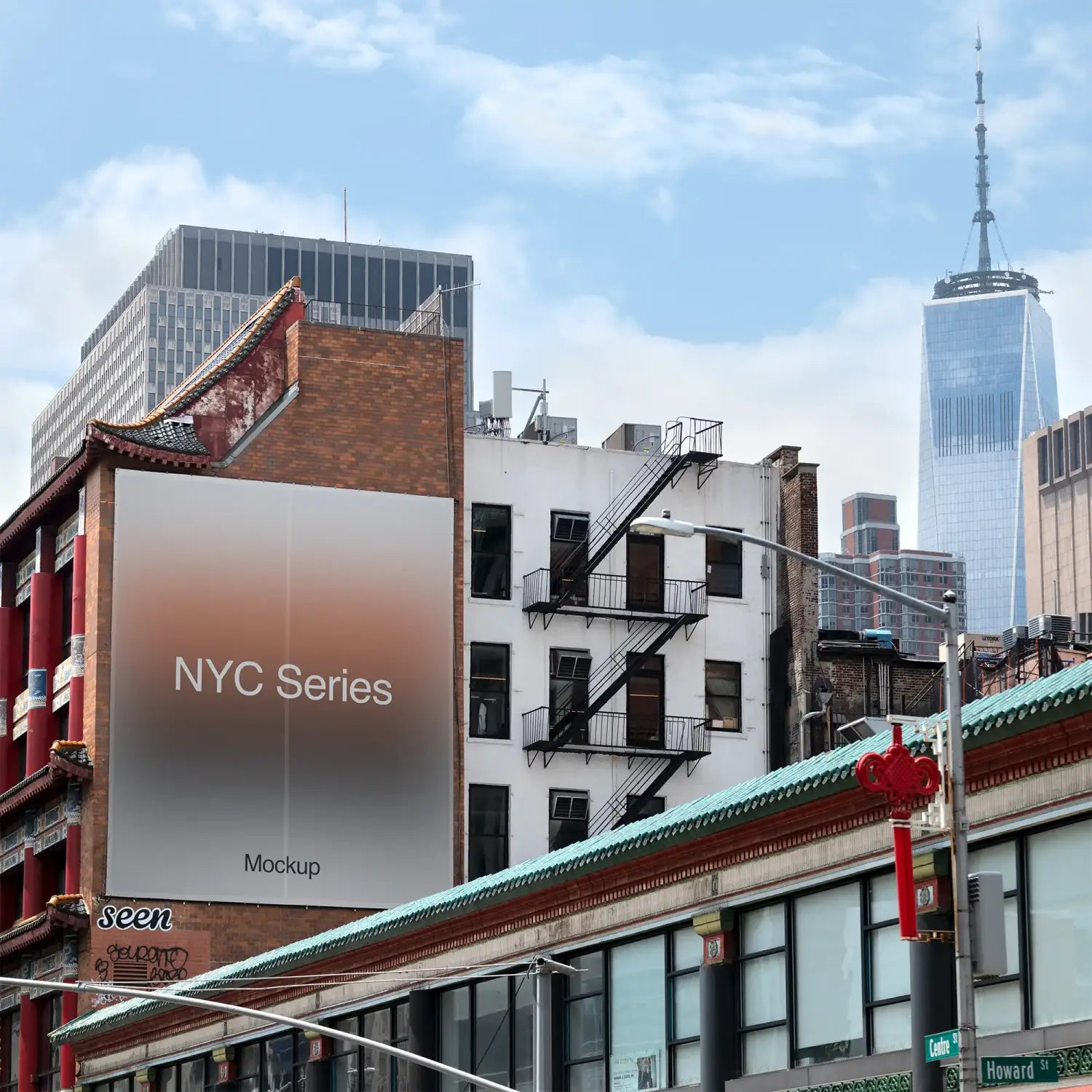 Banner mockup in Chinatown in New York with the One World Trade Center