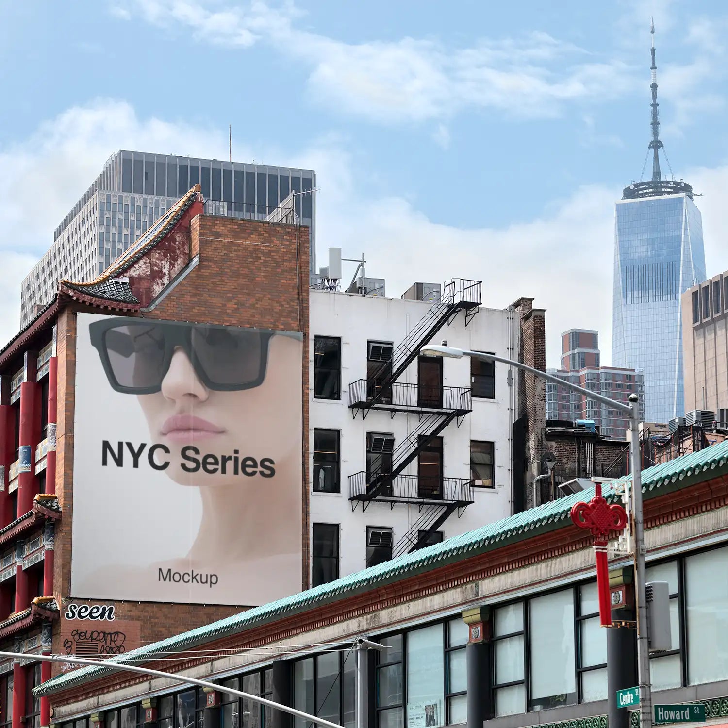 Banner mockup in Chinatown in New York with the One World Trade Center in the background