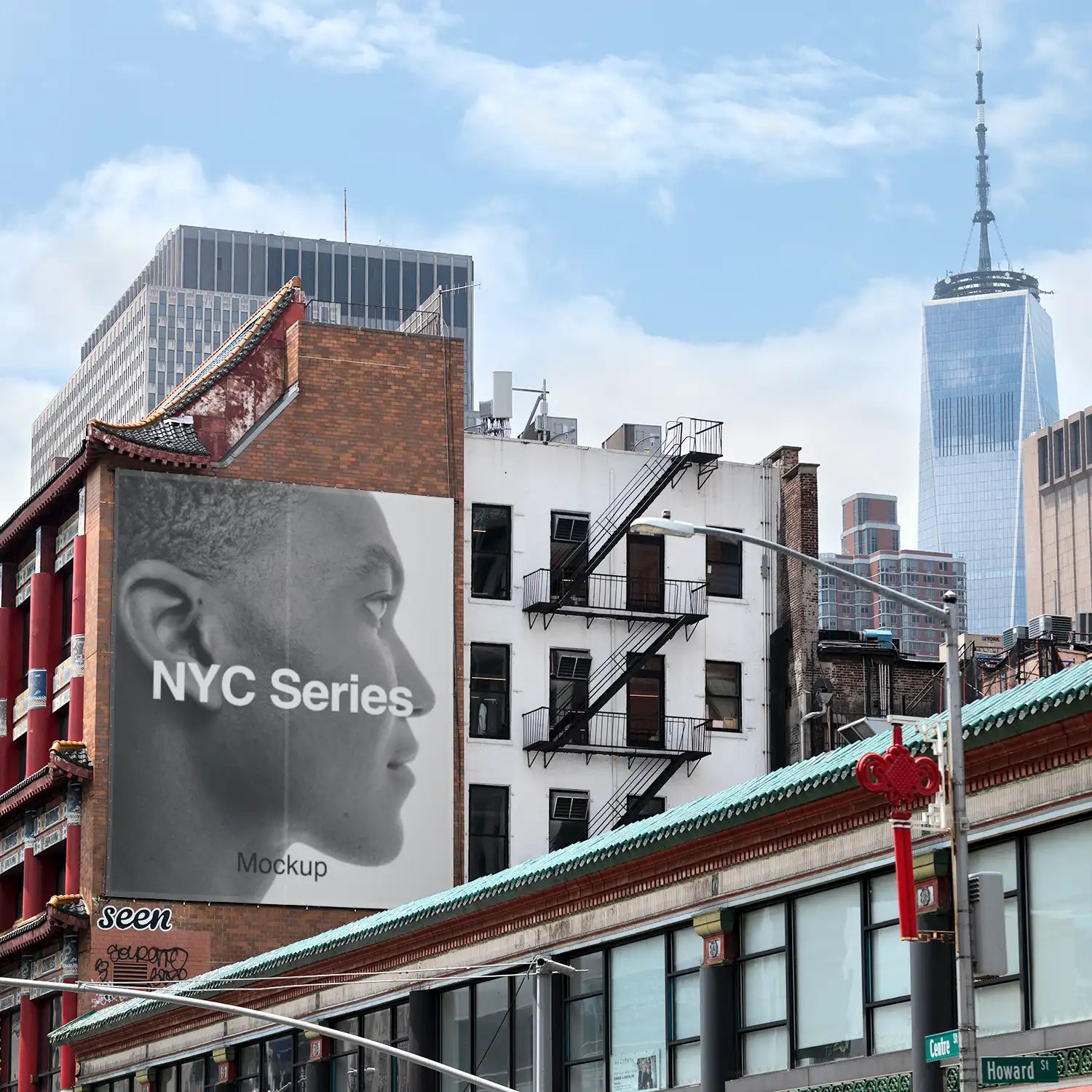 Banner mockup in Chinatown in New York with the One World Trade Center in the background