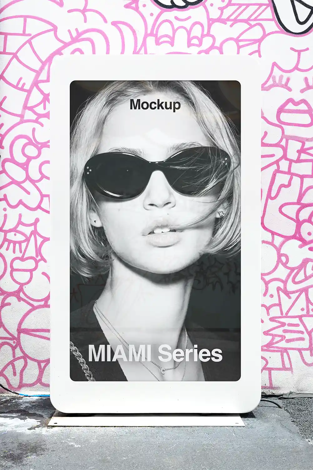 Digital poster mockup in front of mural in Miami, Florida