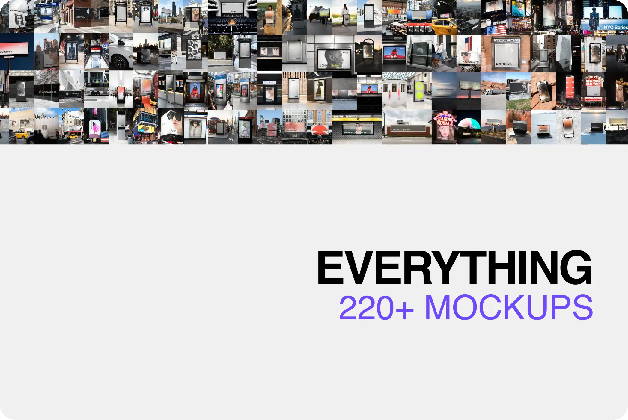 BRANDACLE MOCKUPS BUNDLE : giant pack of mockups with billboards, posters, banners, iphones, macbooks, and more