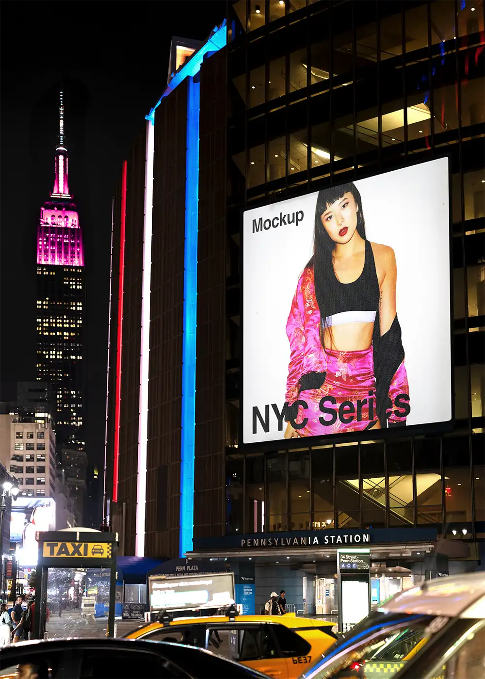 Billboard on Times Square against the backdrop of the Empire State Building