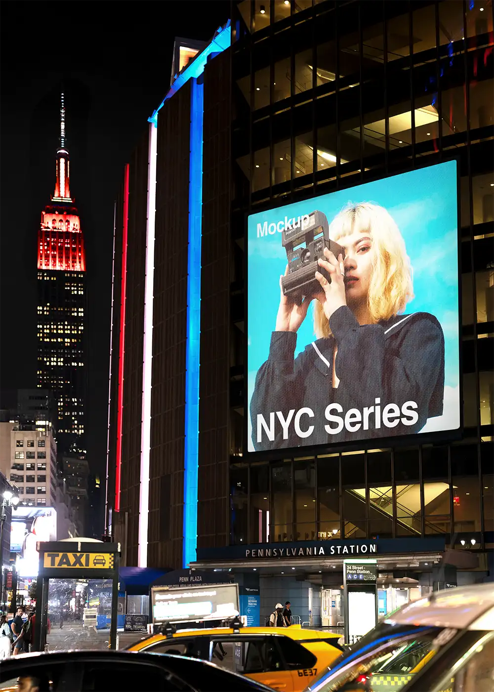 Billboard on Times Square against the backdrop of the Empire State Building